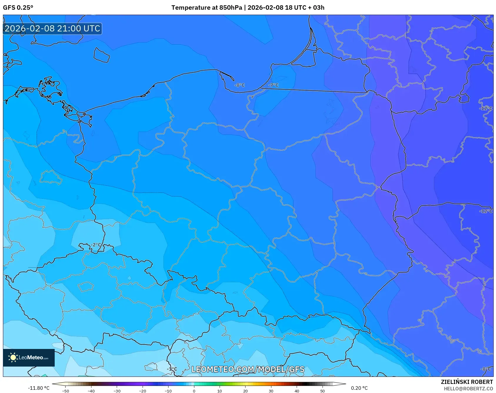 GFS model - Poland, Temperature at 850hPa