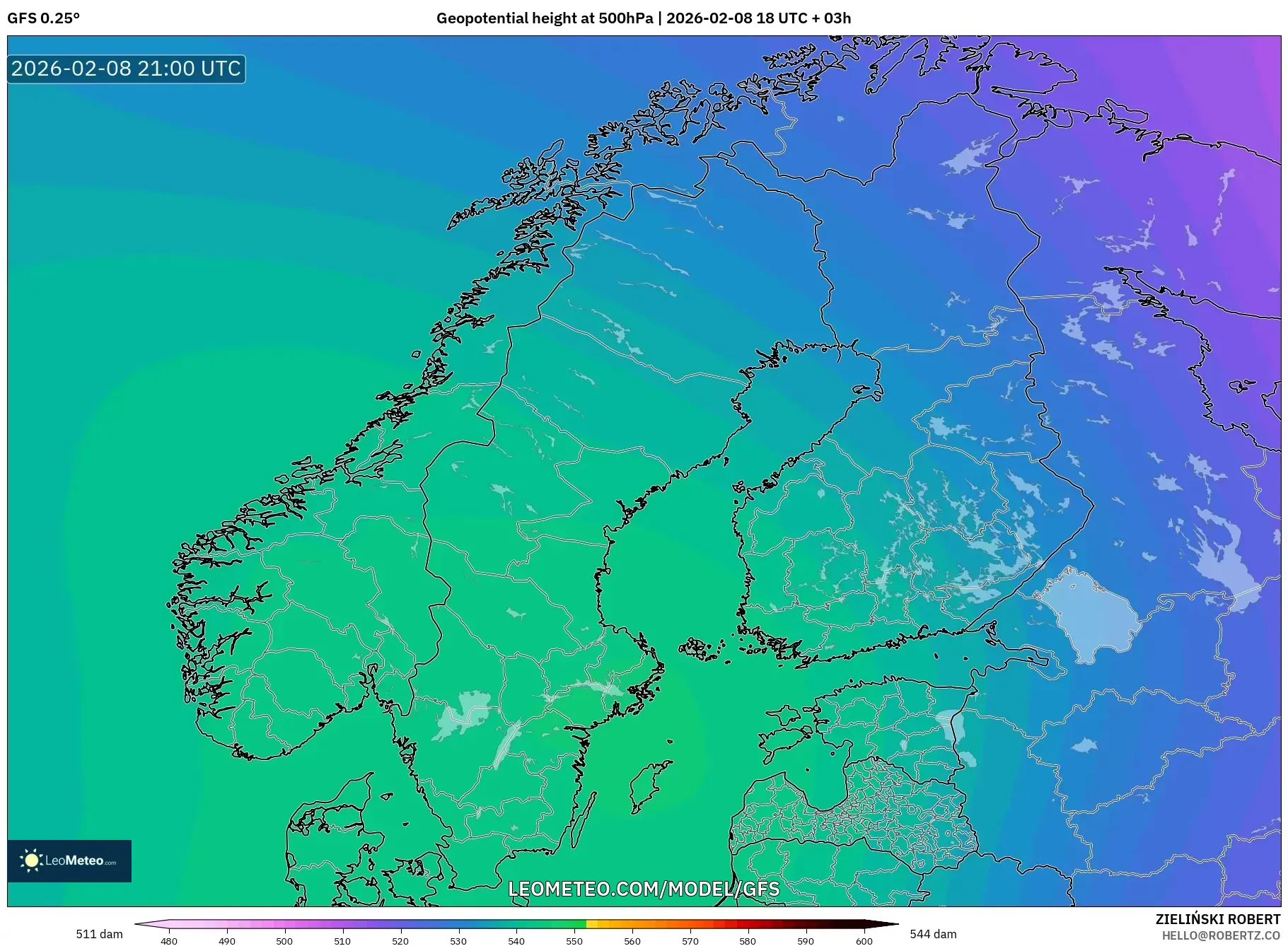 GFS model - Skandinavia, Ketinggian geopotensial pada 500 hPa