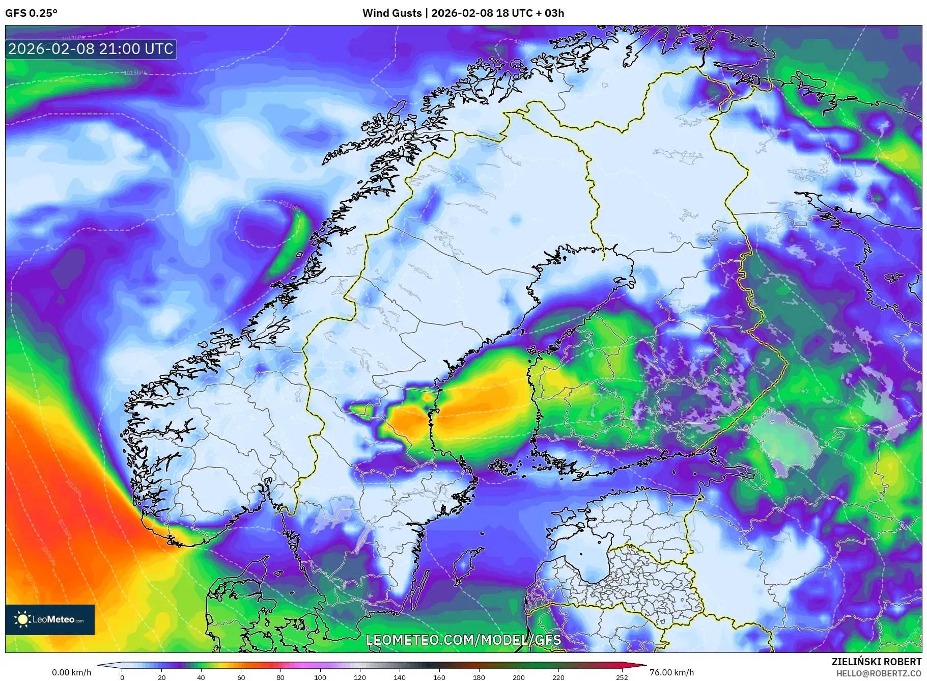GFS model - Scandinavia, Wind Gusts