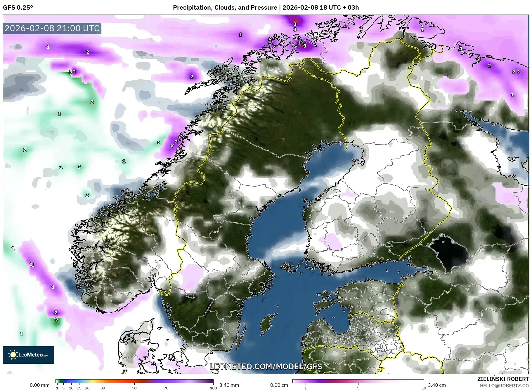 GFS model - Skandinavia, Curah Hujan, Awan, dan Tekanan