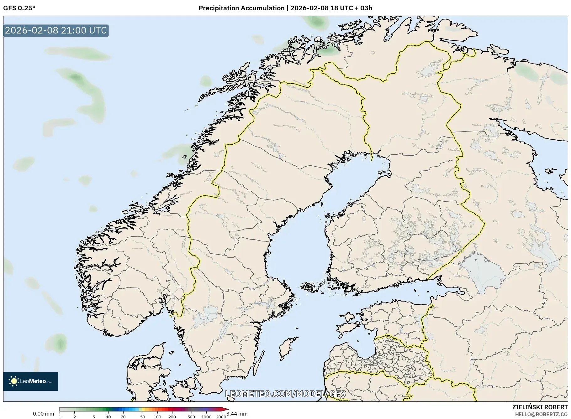 GFS model - Scandinavia, Precipitation Accumulation