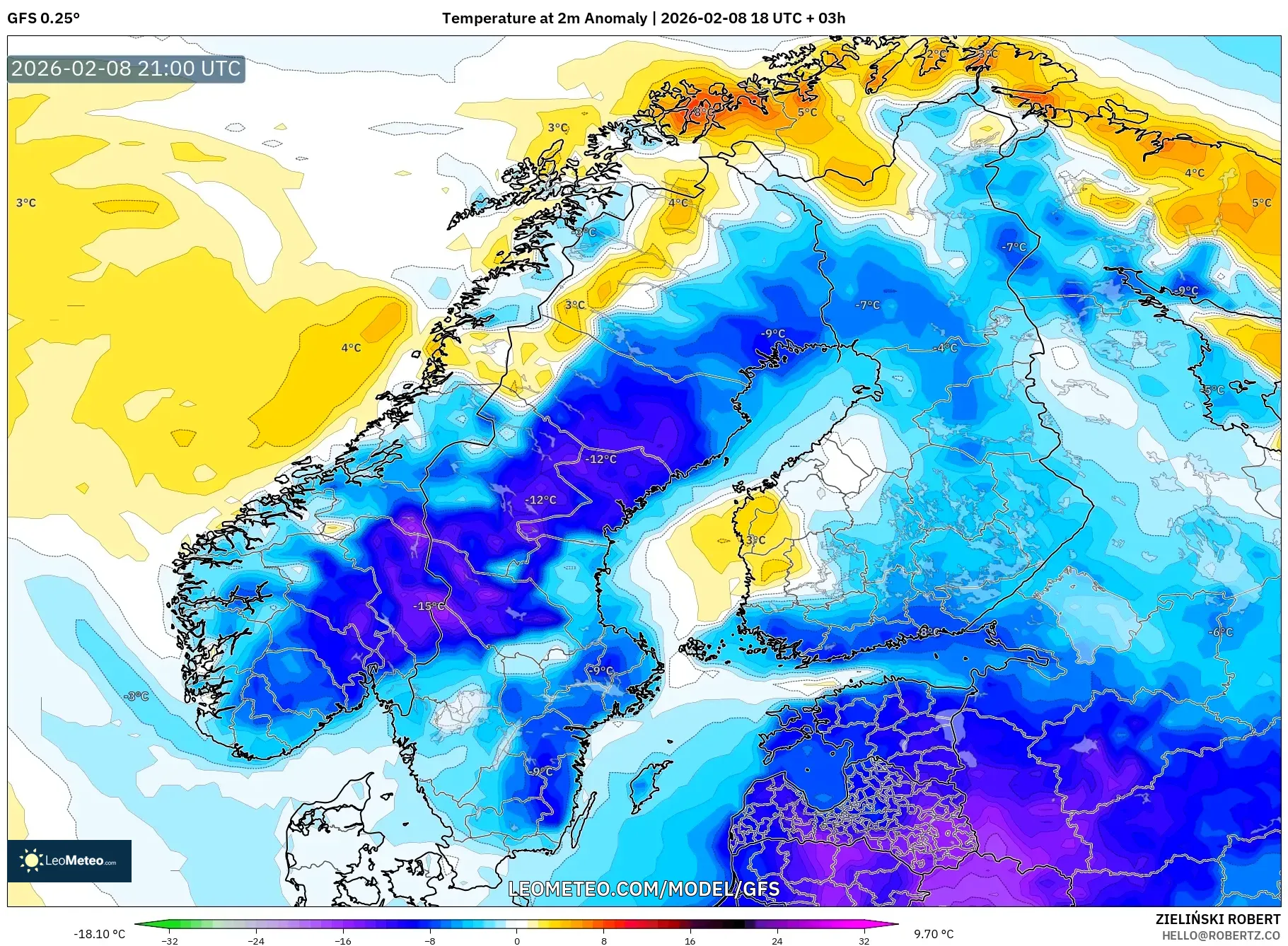 GFS model - Scandinavia, Temperature at 2m Anomaly