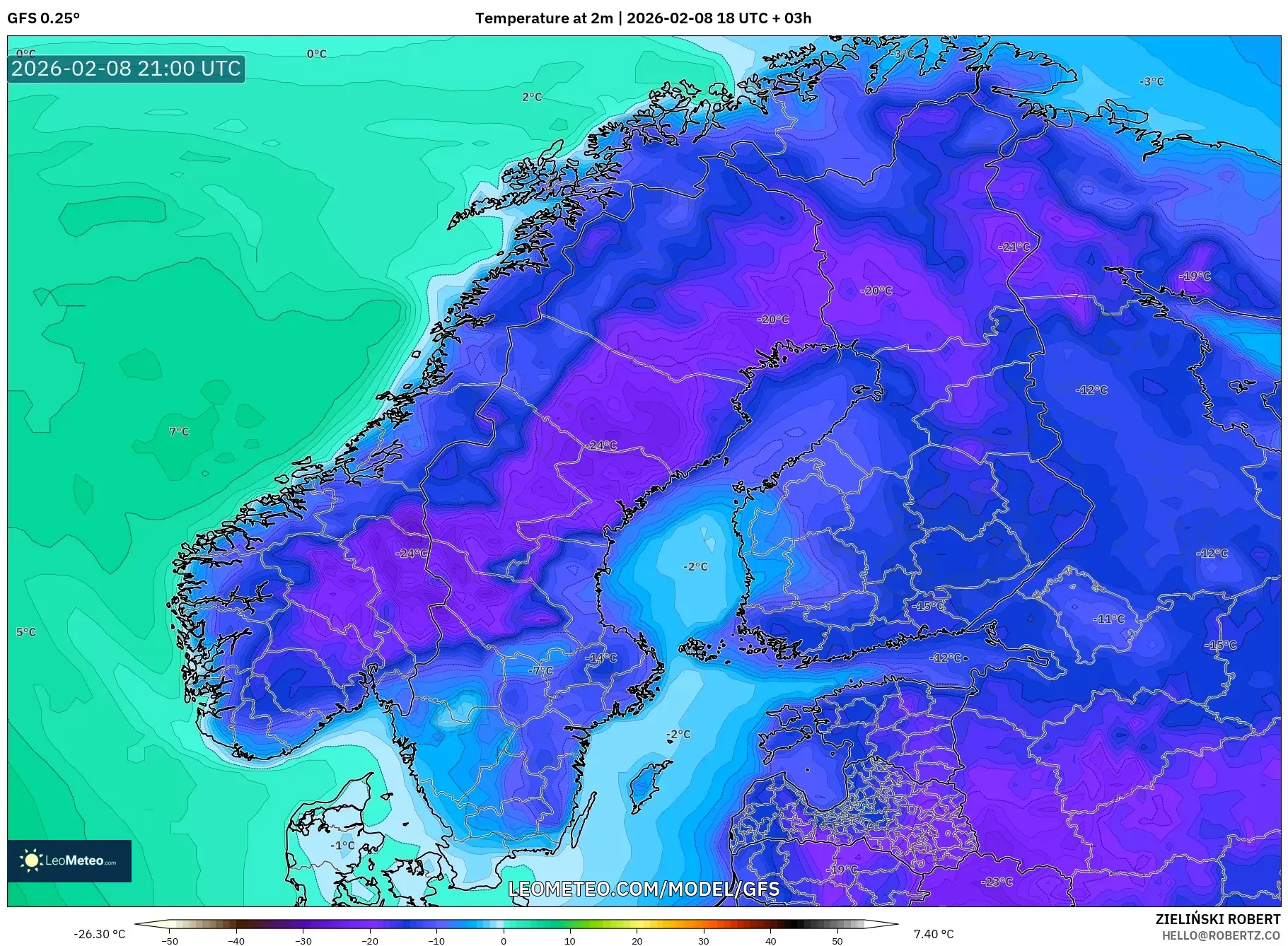 GFS model - Scandinavia, Temperature at 2m