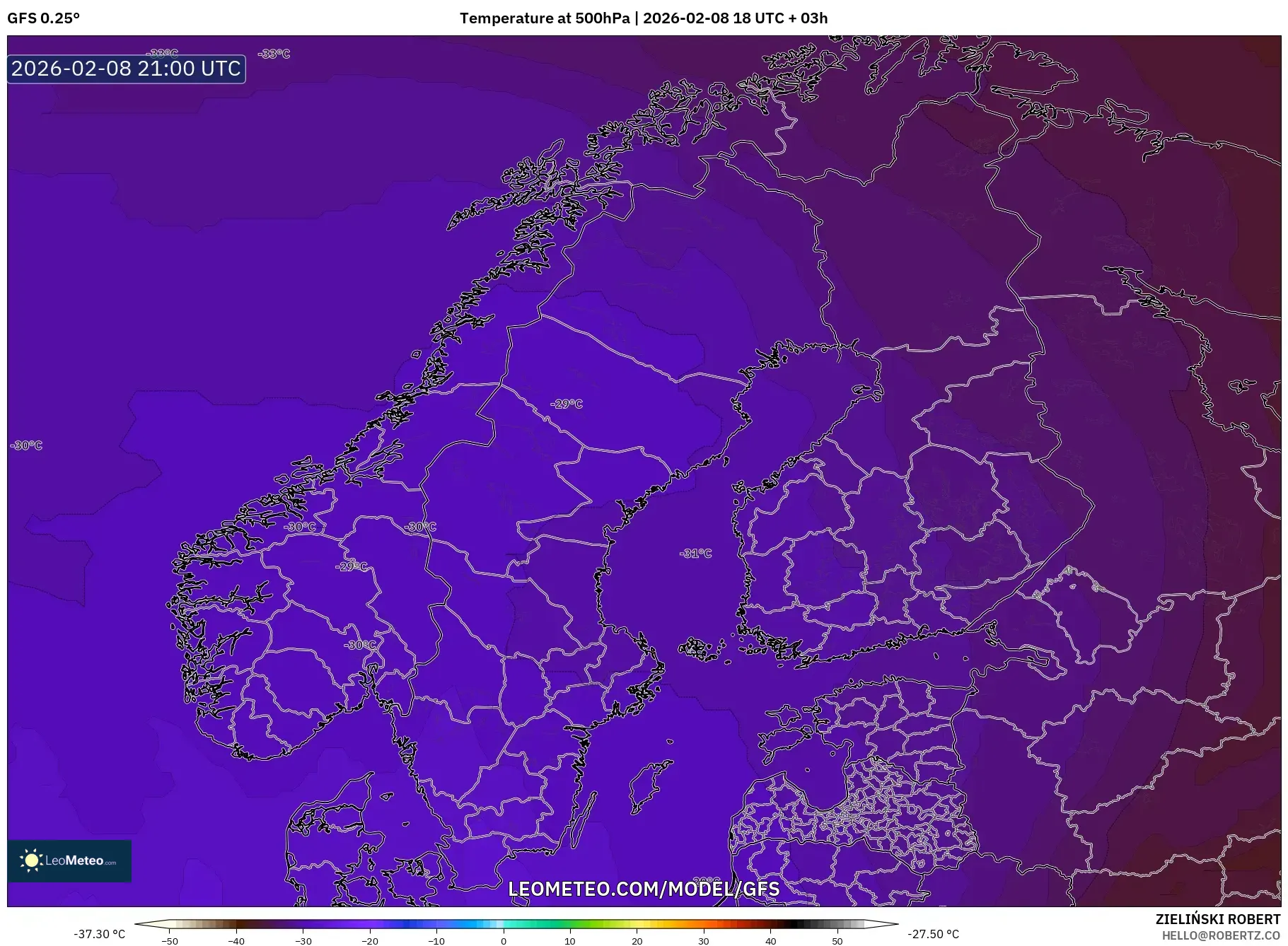 GFS model - Skandinavia, Suhu 500 hPa