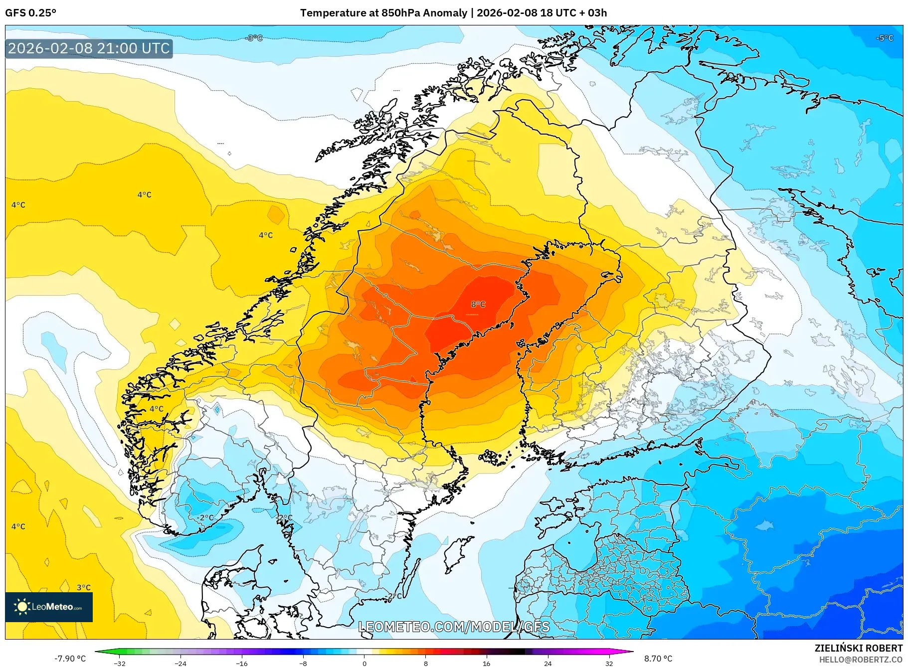GFS model - Skandinavia, Anomali Suhu 850 hPa