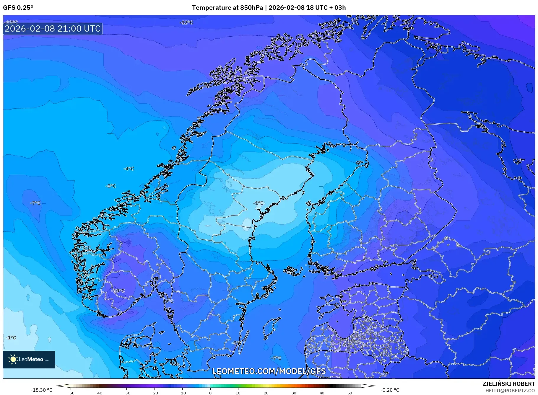 GFS model - Skandinavia, Suhu 850 hPa