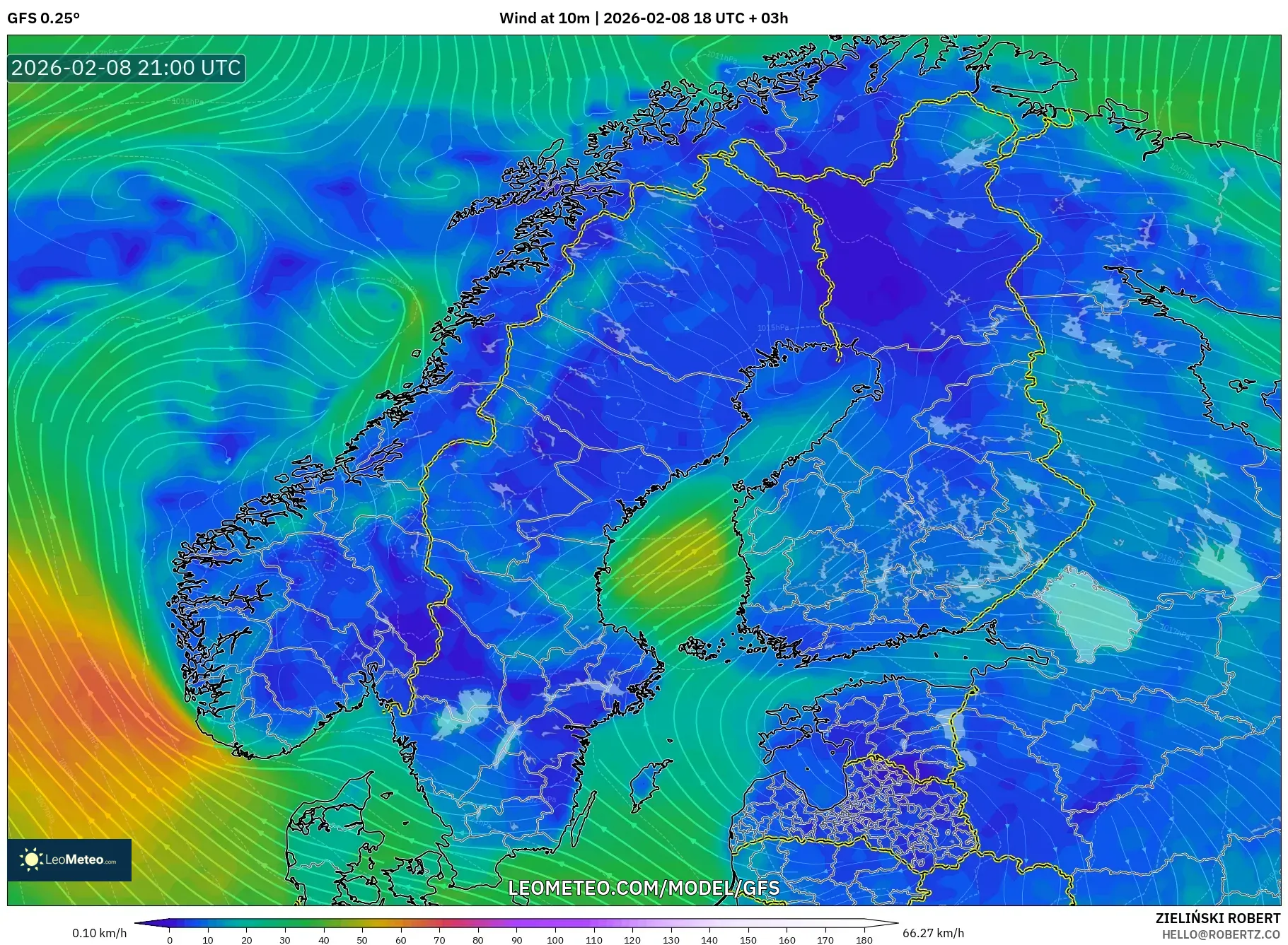 GFS model - Scandinavia, Wind at 10m