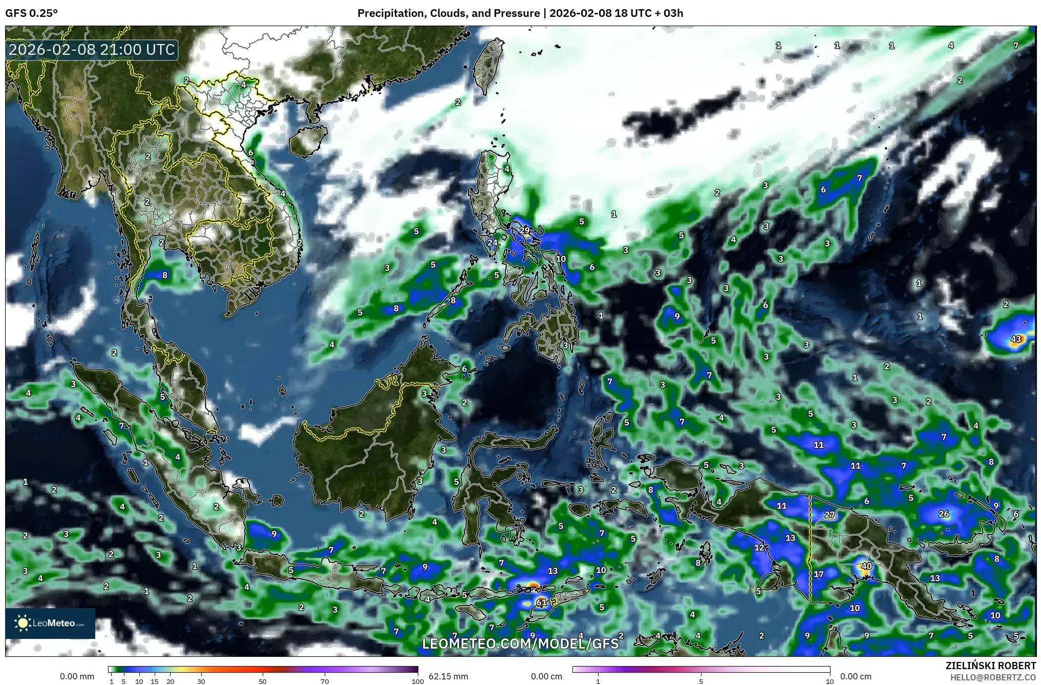 GFS model - Asia Tenggara, Hujan, Awan dan Tekanan