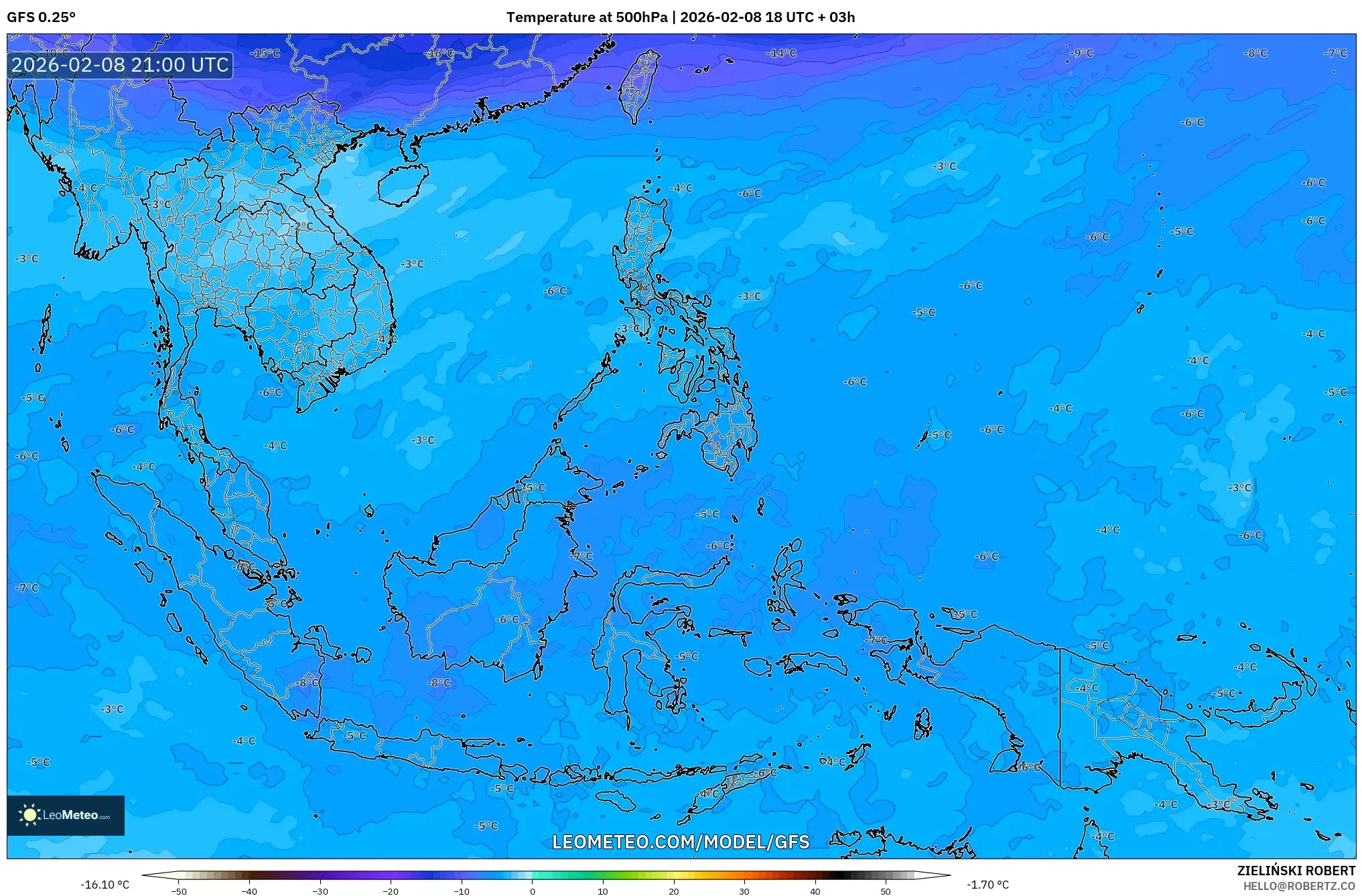 GFS model - South East Asia, Temperature at 500hPa