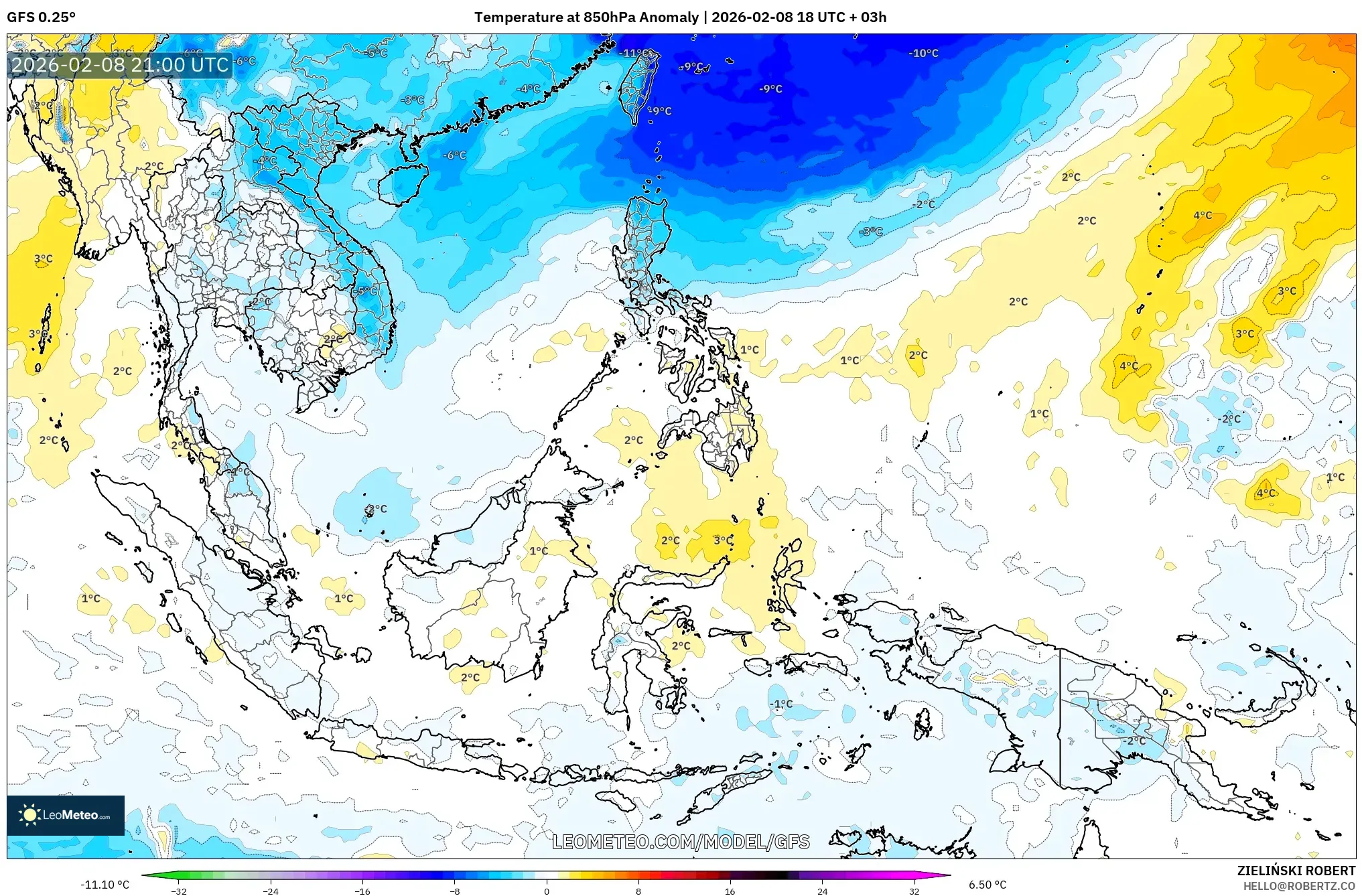 GFS model - South East Asia, Temperature at 850hPa Anomaly