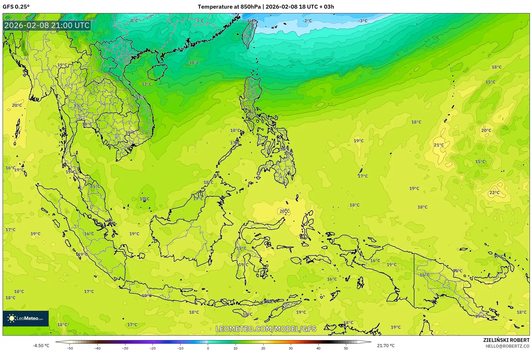 GFS model - South East Asia, Temperature at 850hPa