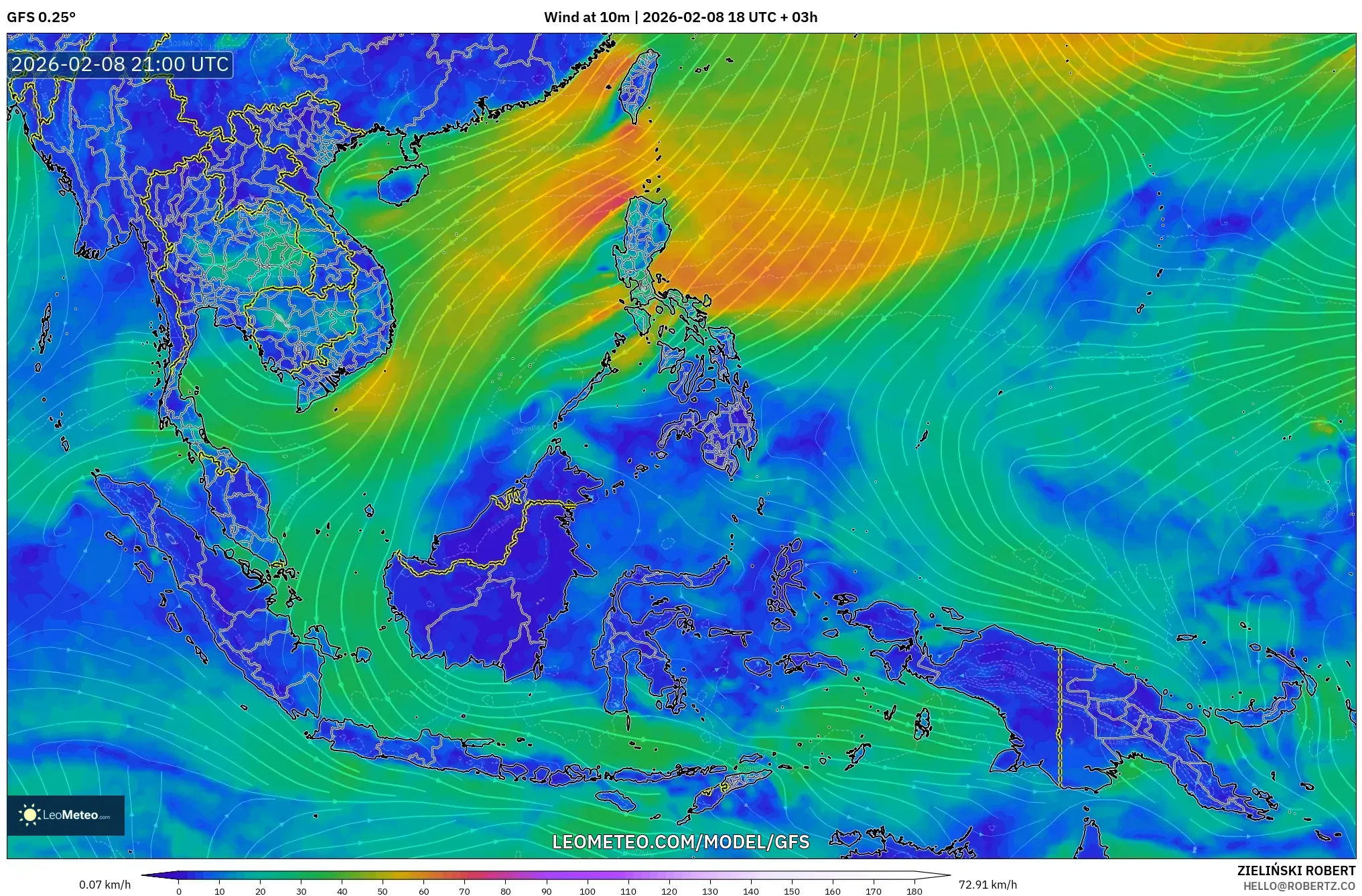 GFS model - South East Asia, Wind at 10m