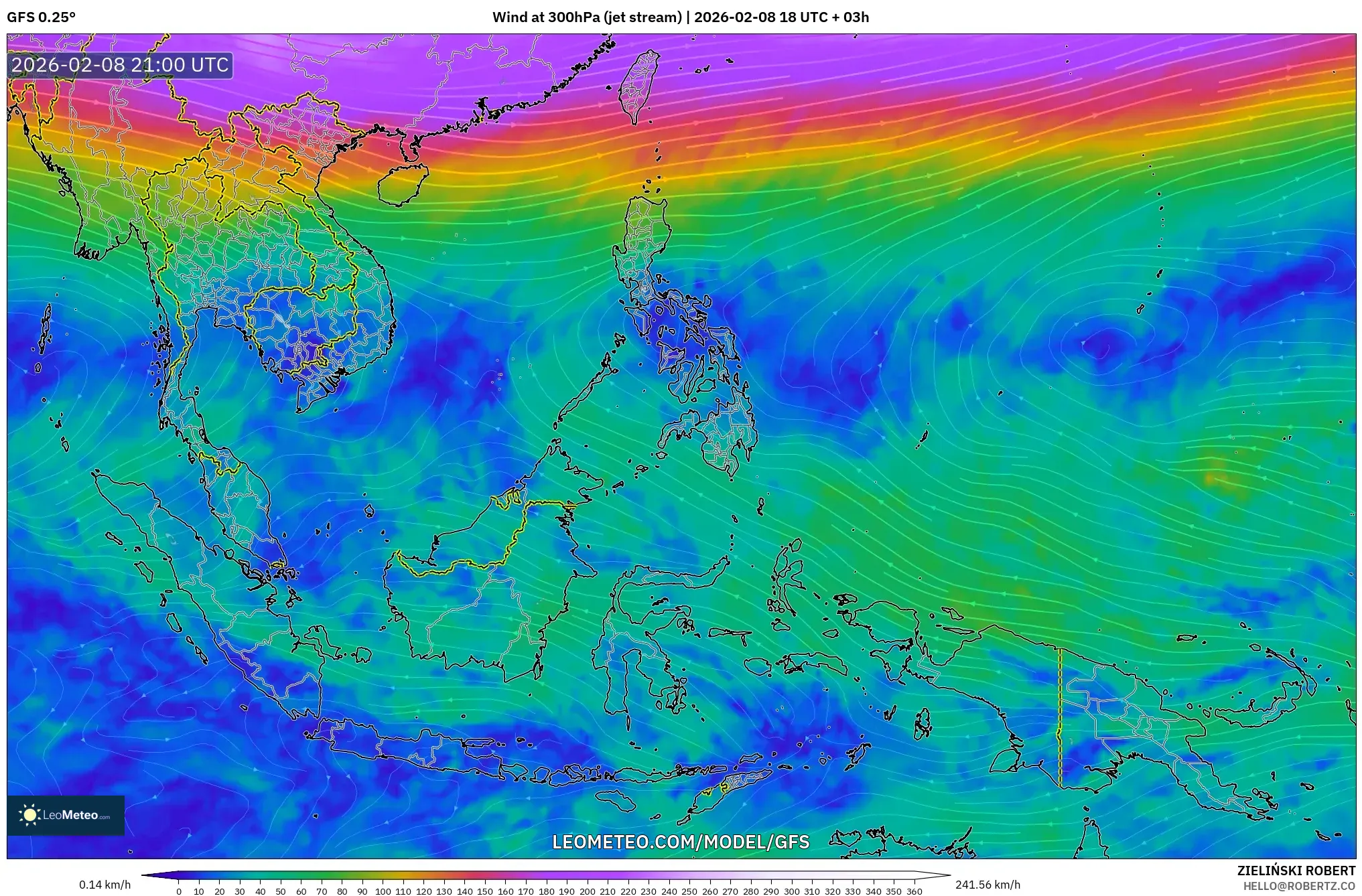 GFS model - South East Asia, Wind at 300hPa (jet stream)
