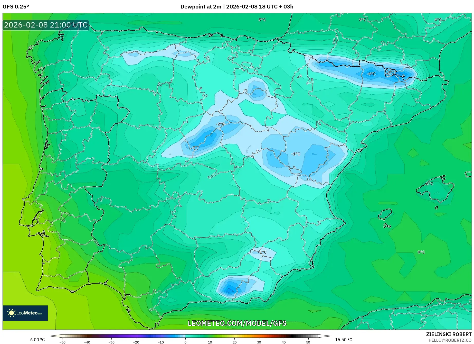 GFS model - Spanyol, Titik Embun 2 m