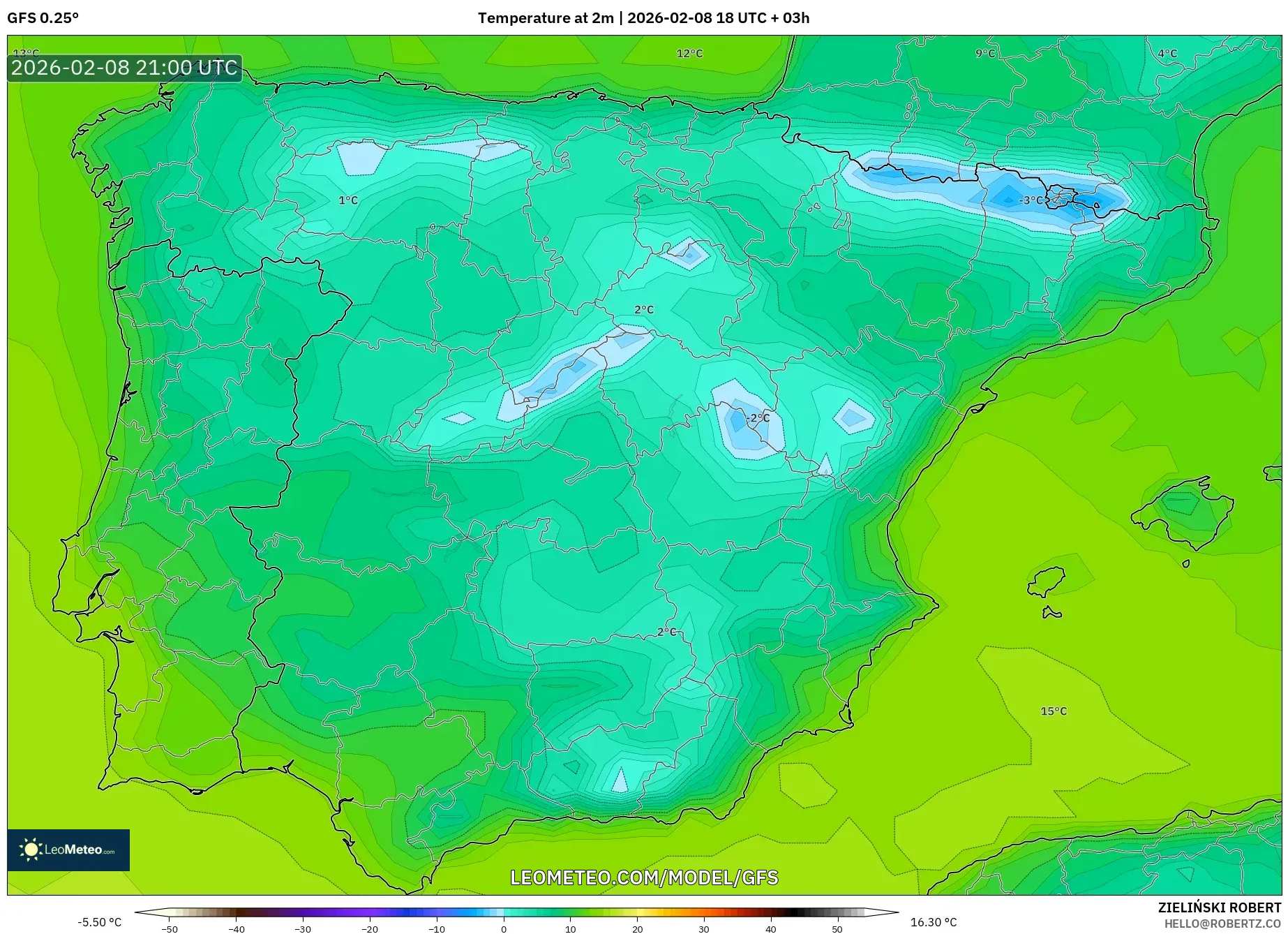 GFS model - Spain, Temperature at 2m