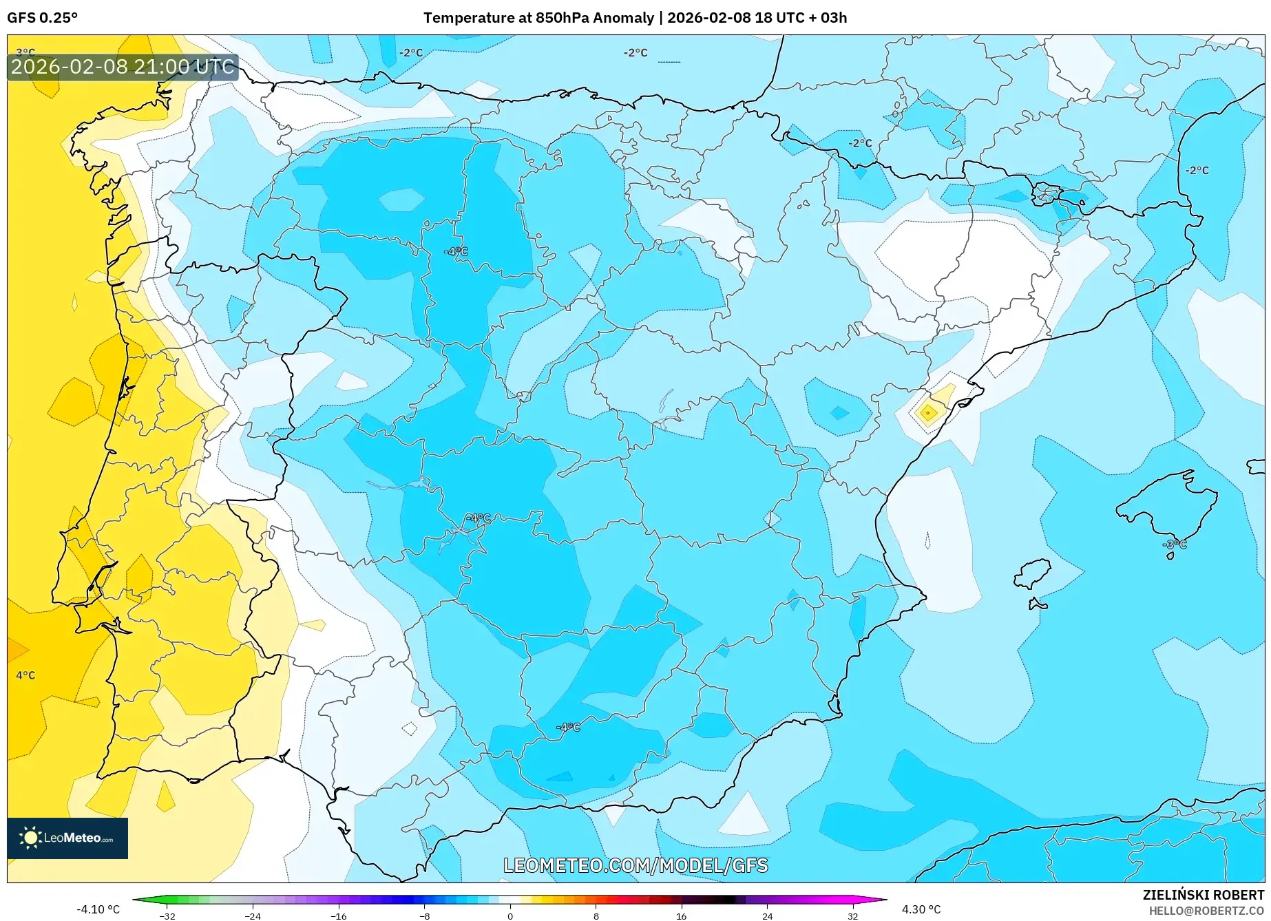 GFS model - Spanyol, Anomali Suhu 850 hPa