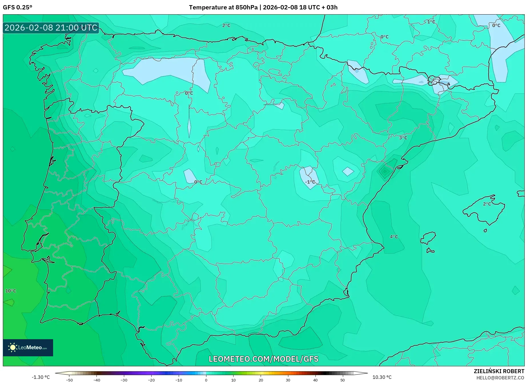 GFS model - Spain, Temperature at 850hPa