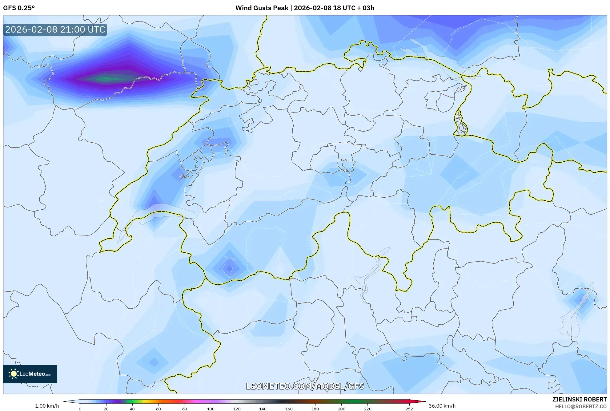 GFS model - Switzerland, Wind Gusts Peak
