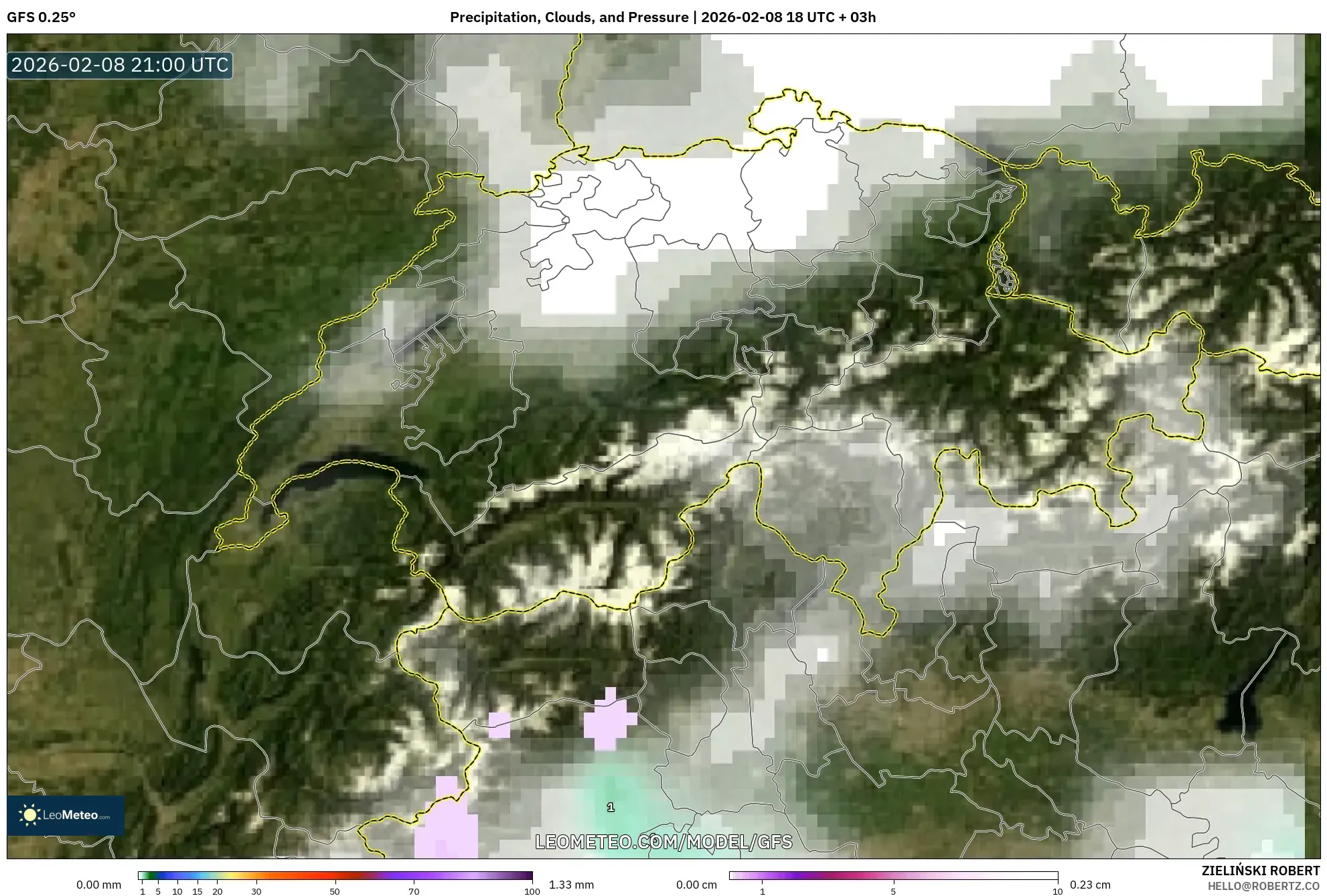 GFS model - Switzerland, Hujan, Awan dan Tekanan