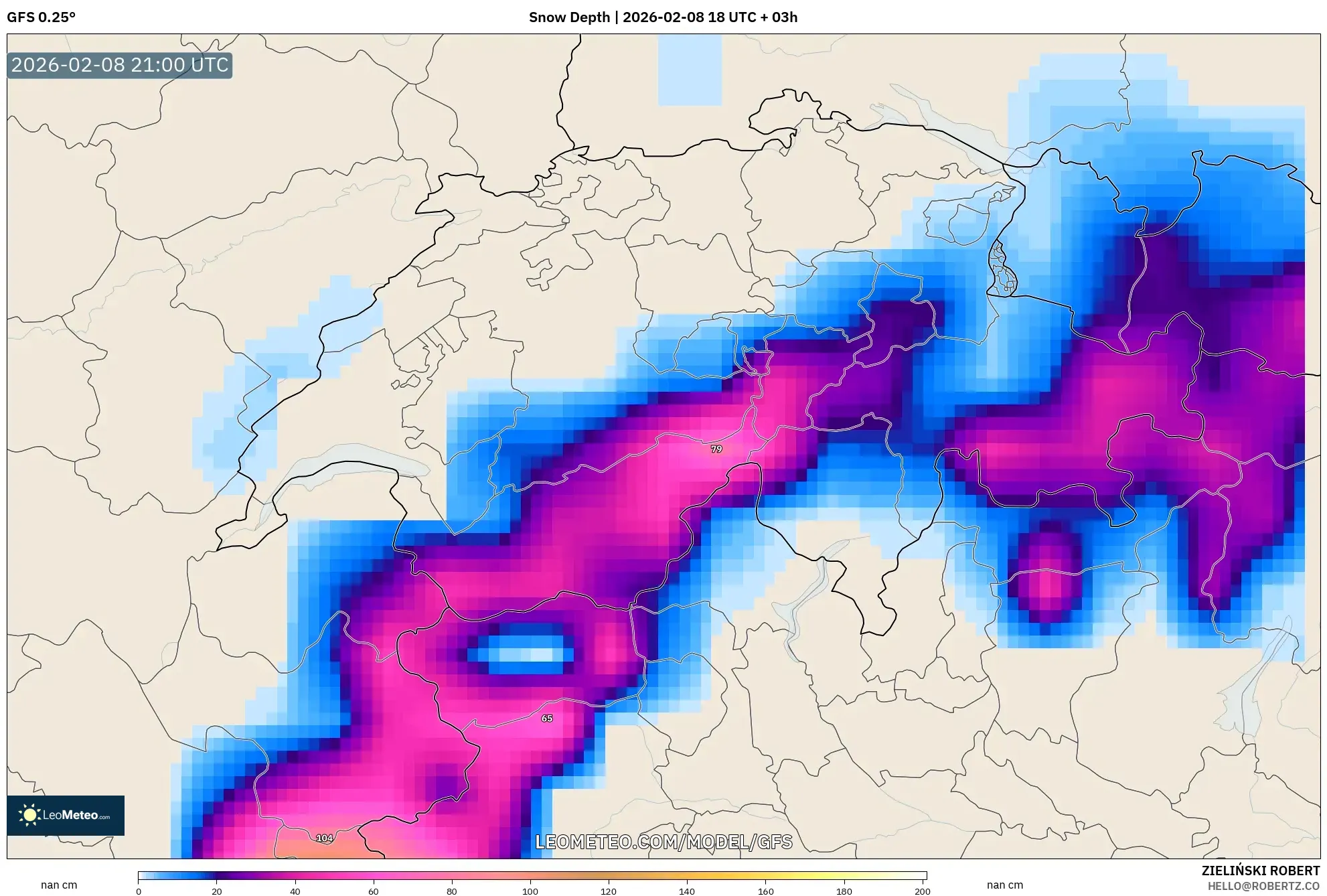 GFS model - Switzerland, Snow Depth
