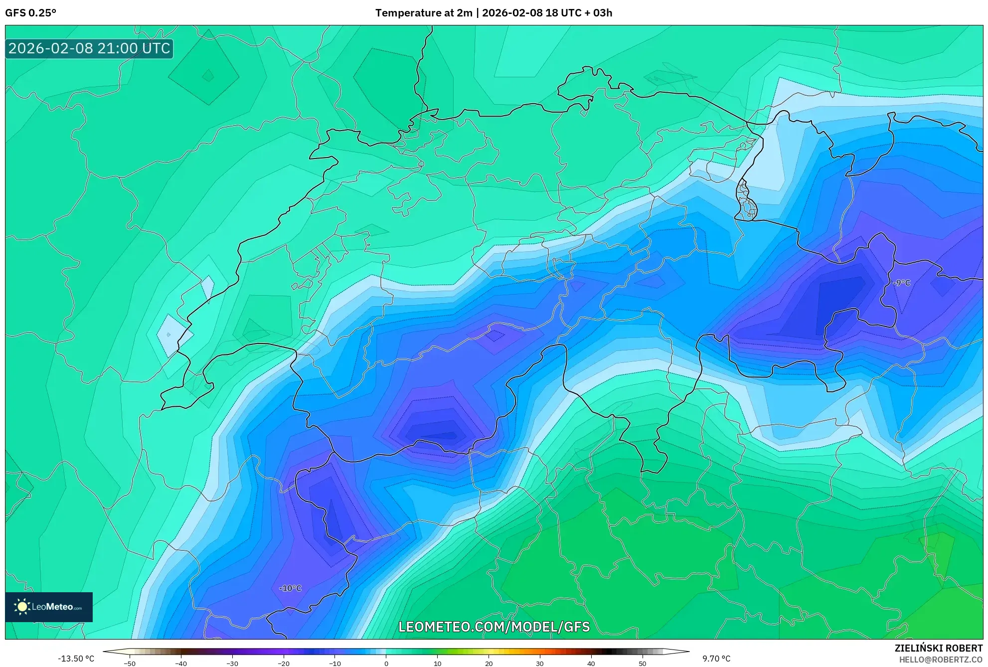 GFS model - Switzerland, Temperature at 2m
