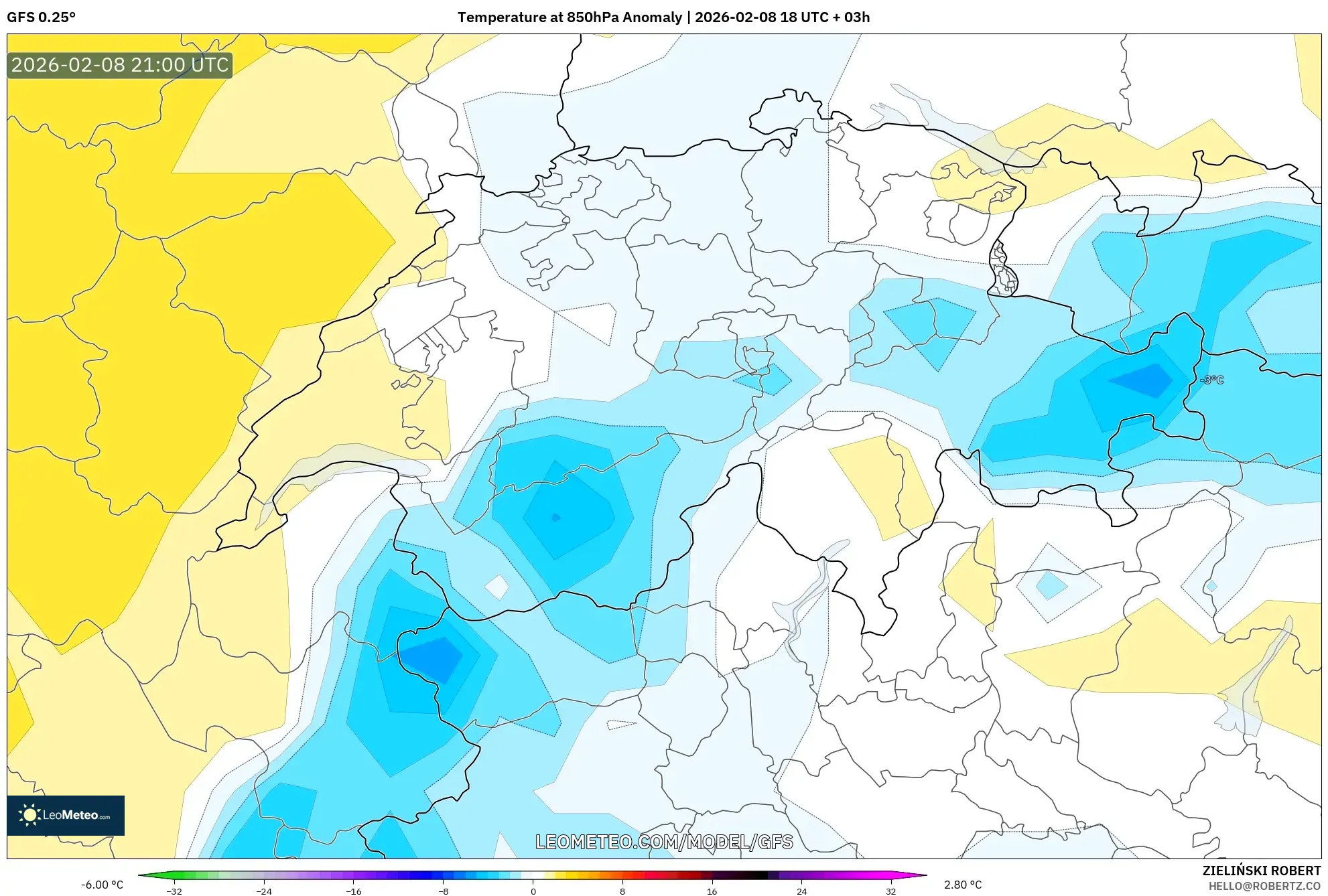 GFS model - Swiss, Anomali Suhu 850 hPa