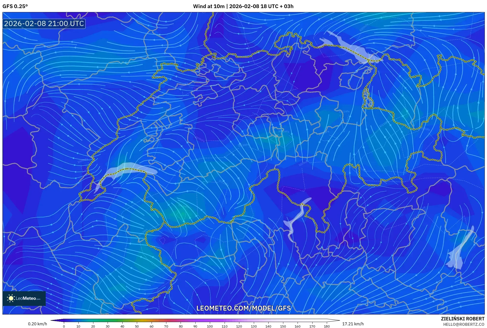 GFS model - Swiss, Angin 10 m
