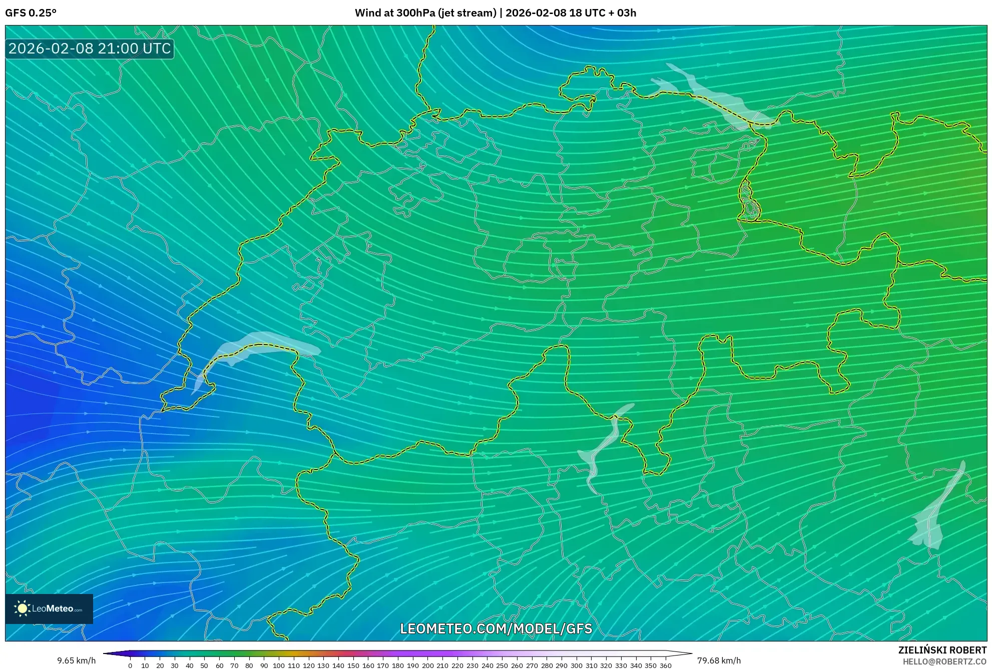 GFS model - Swiss, Angin 300 hPa (aliran jet)