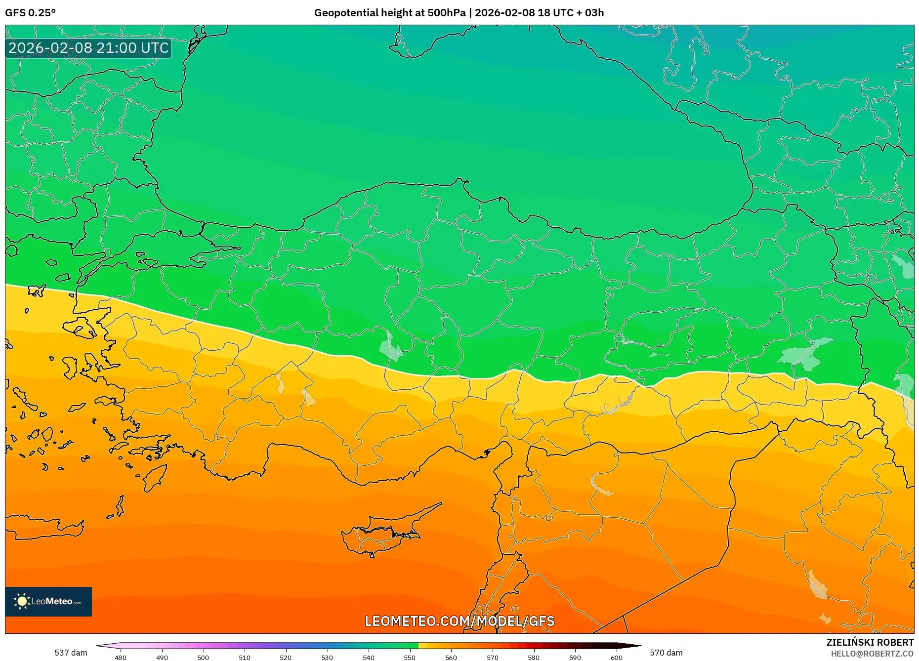 GFS model - Turkey, Geopotential height at 500hPa