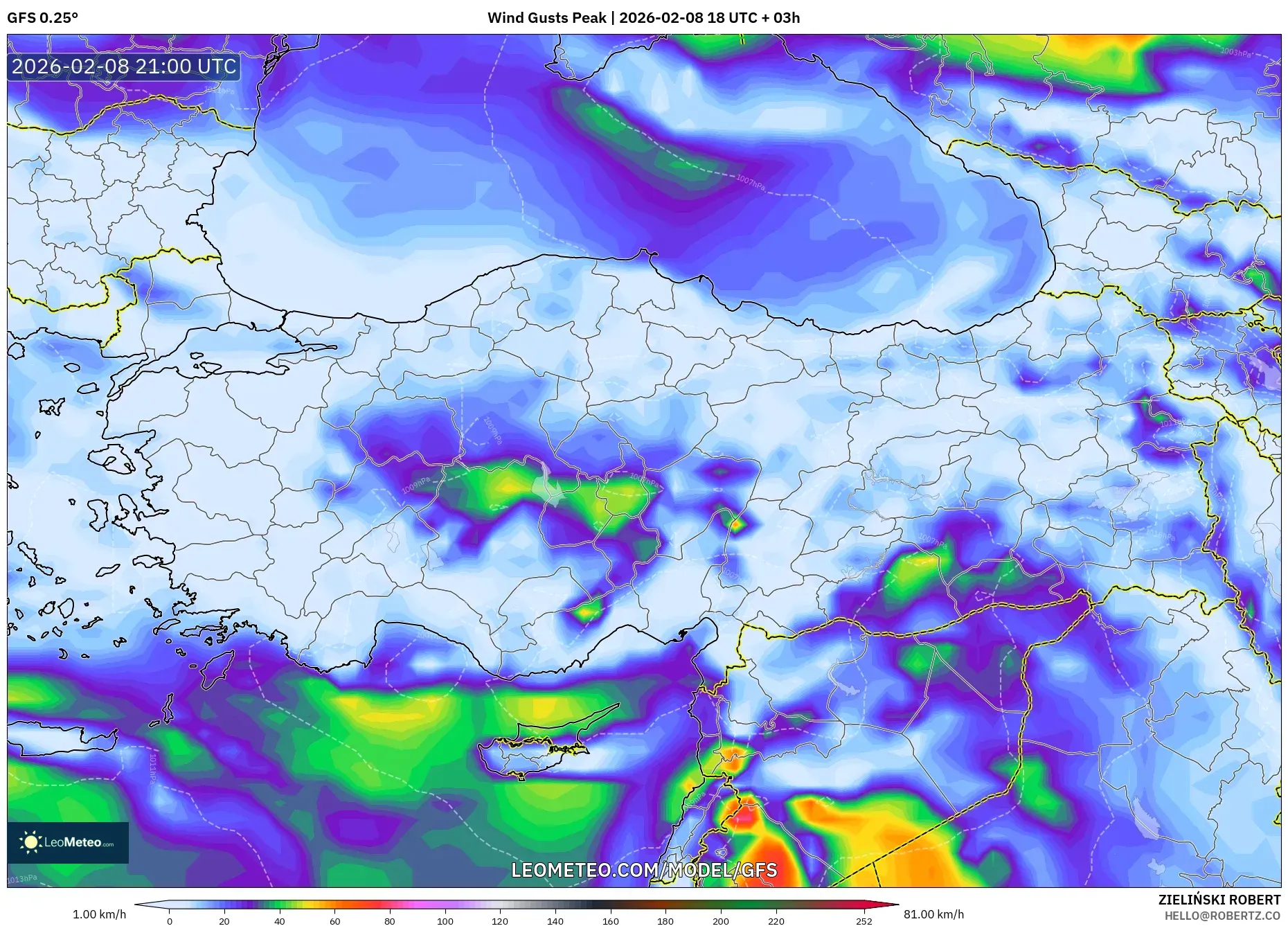 GFS model - Turkey, Wind Gusts Peak