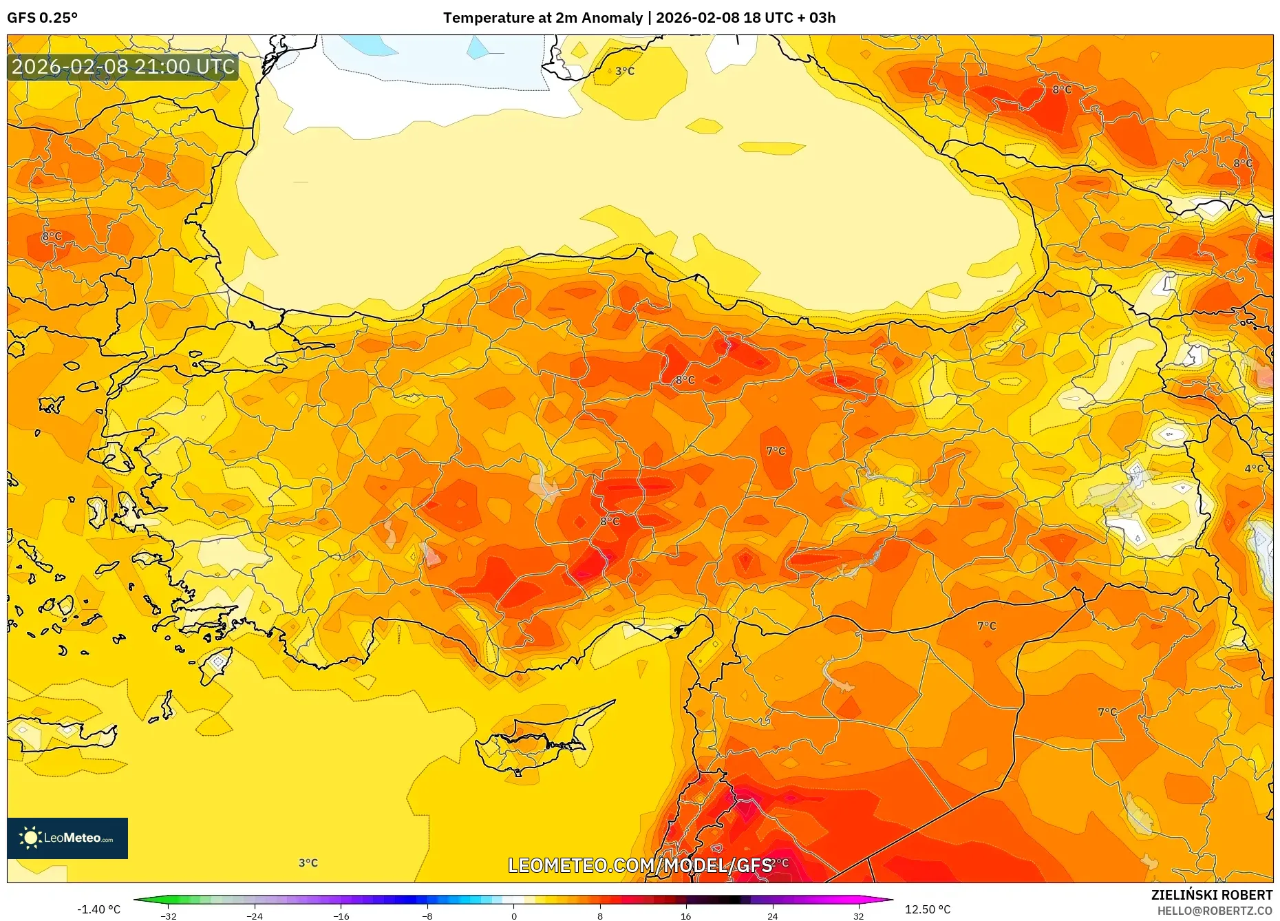 GFS model - Turki, Anomali Suhu 2 m