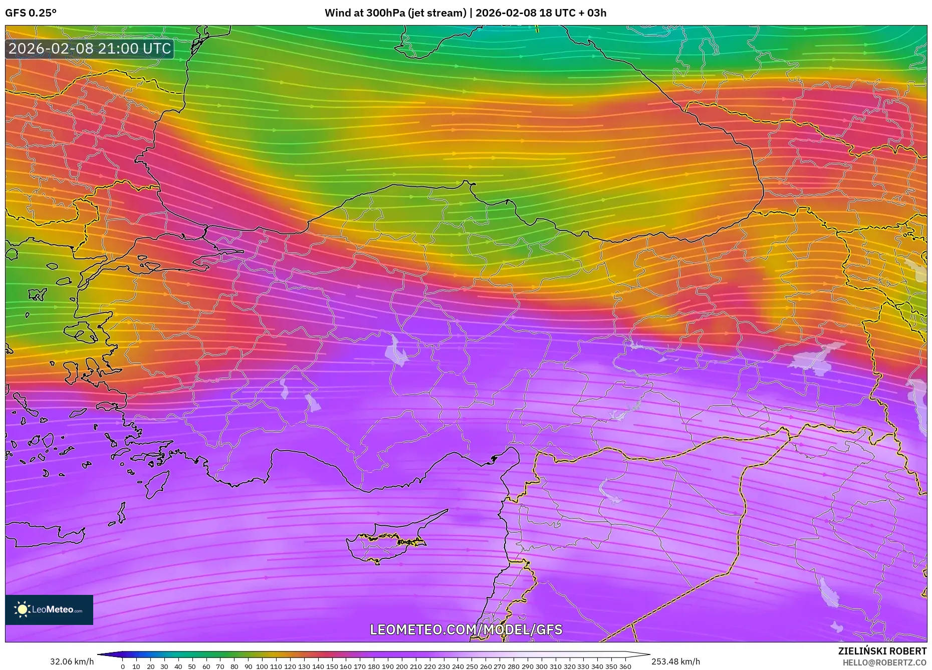 GFS model - Turkey, Wind at 300hPa (jet stream)