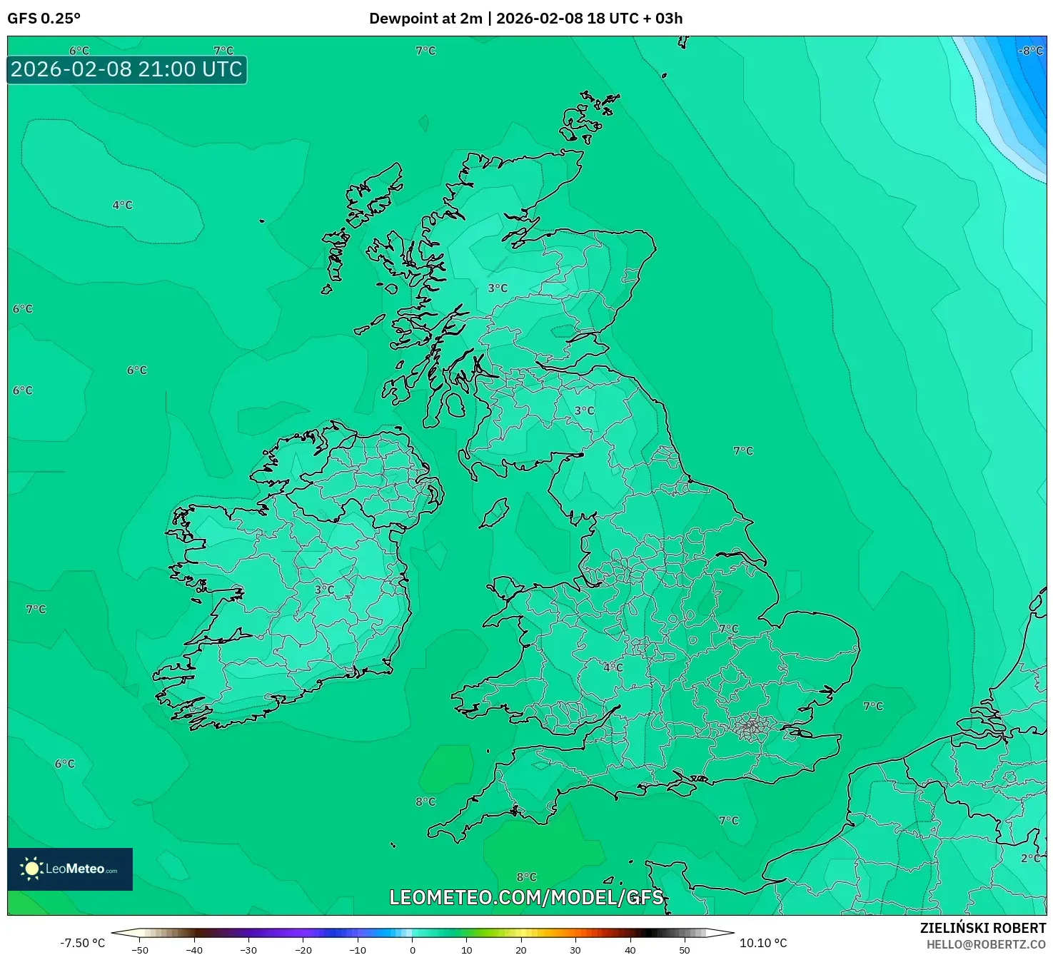 GFS model - United Kingdom, Dewpoint at 2m
