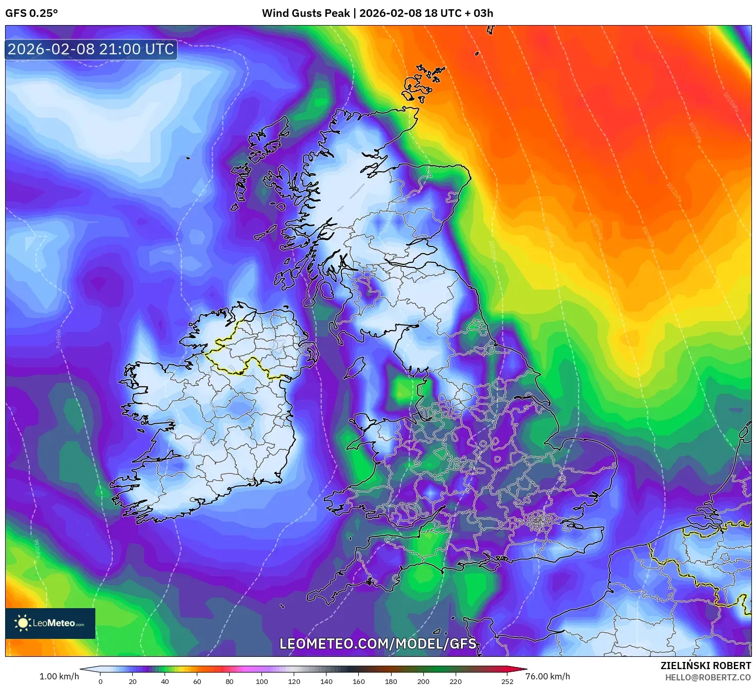GFS model - United Kingdom, Wind Gusts Peak
