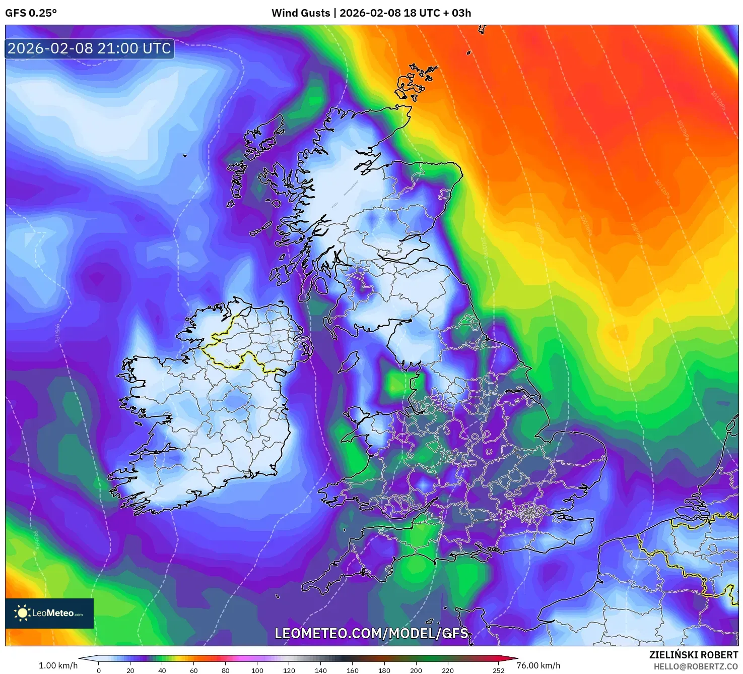 GFS model - Britania Raya, Hembusan Angin