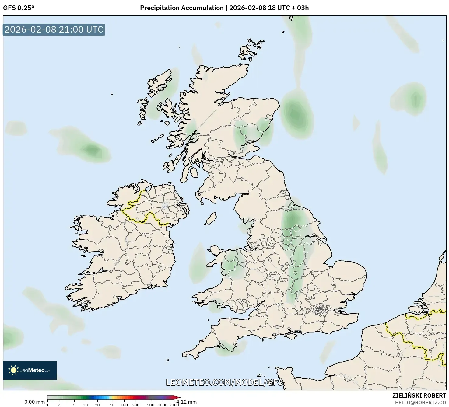 GFS model - United Kingdom, Precipitation Accumulation