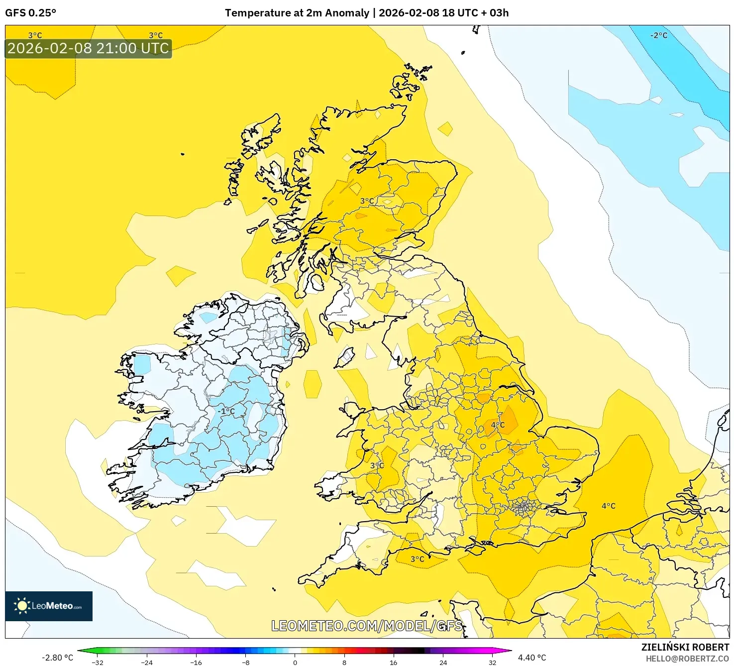 GFS model - United Kingdom, Temperature at 2m Anomaly