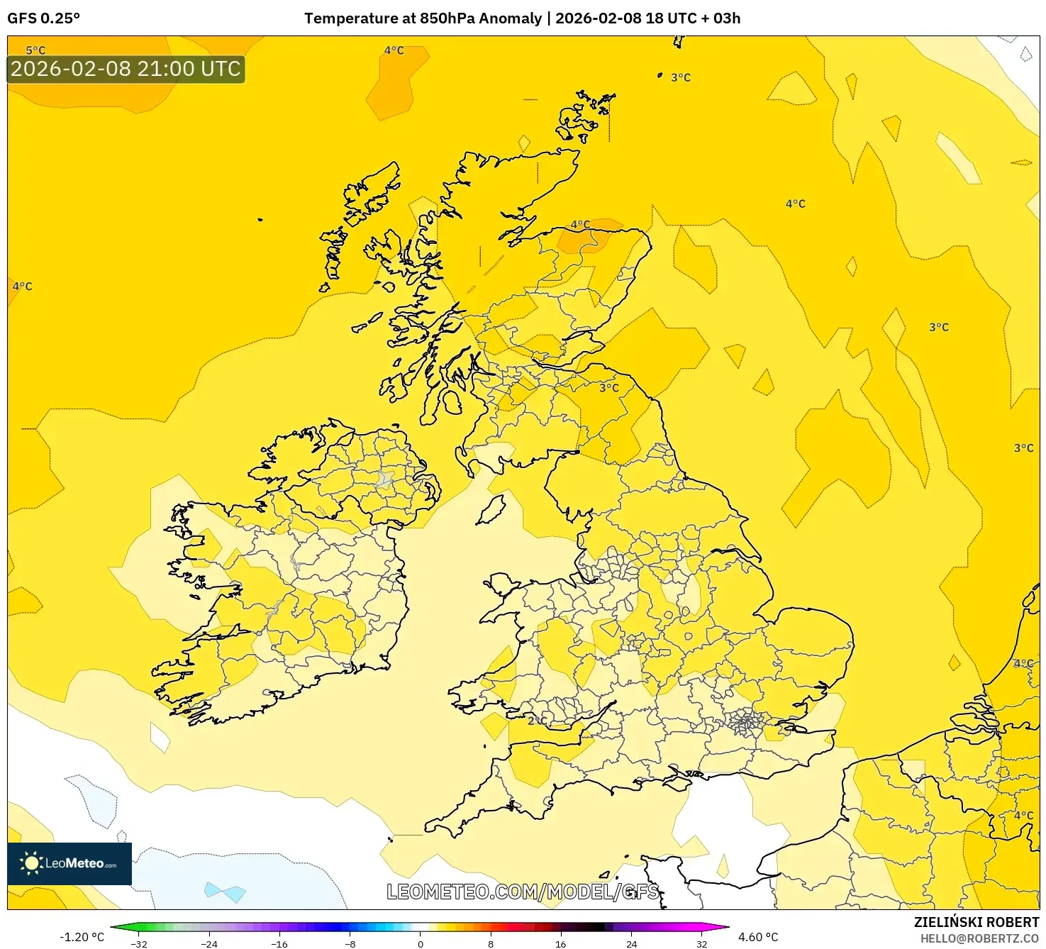 GFS model - United Kingdom, Temperature at 850hPa Anomaly