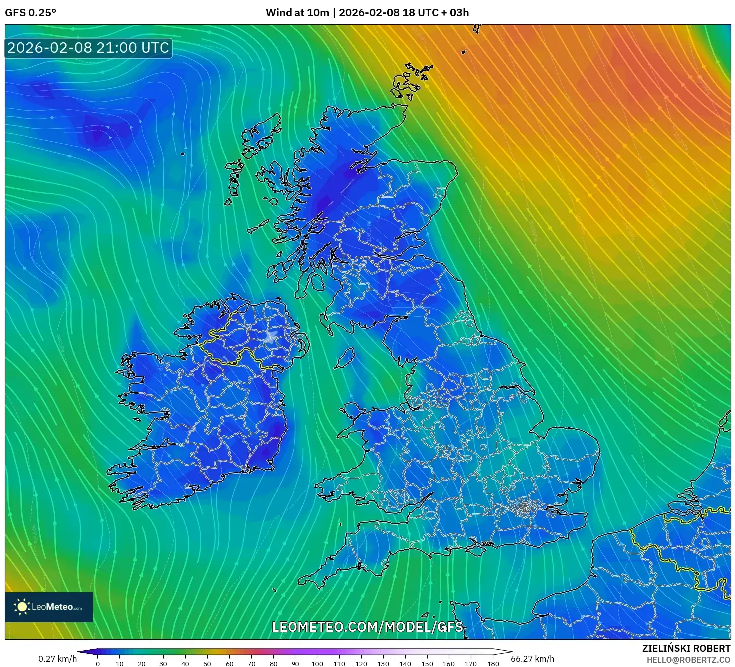 GFS model - Britania Raya, Angin 10 m