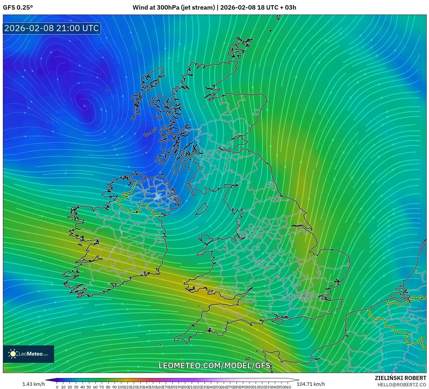 GFS model - United Kingdom, Wind at 300hPa (jet stream)
