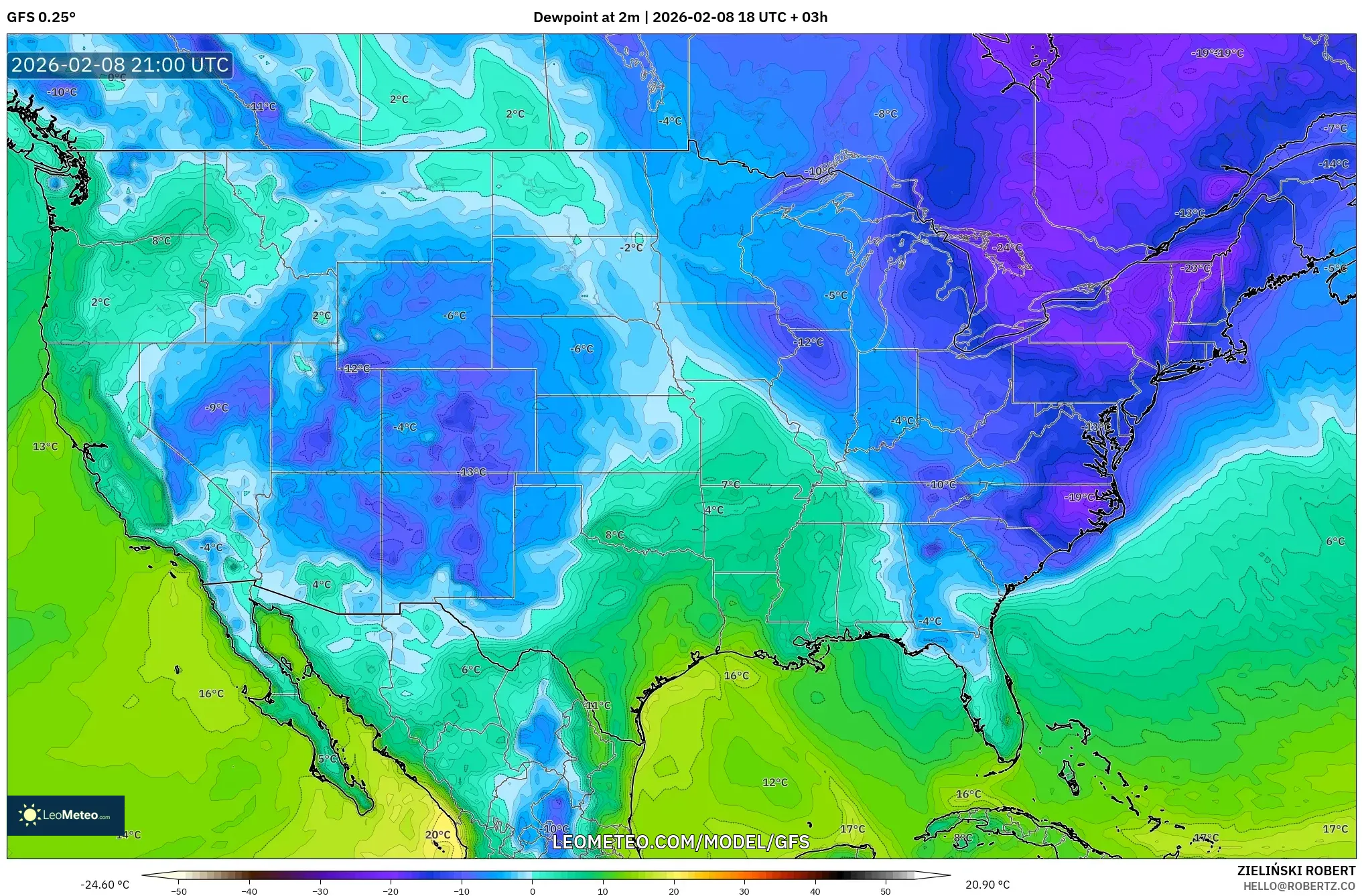 GFS model - United States, Dewpoint at 2m