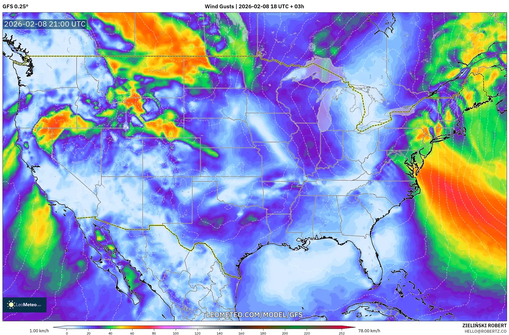 GFS model - United States, Wind Gusts