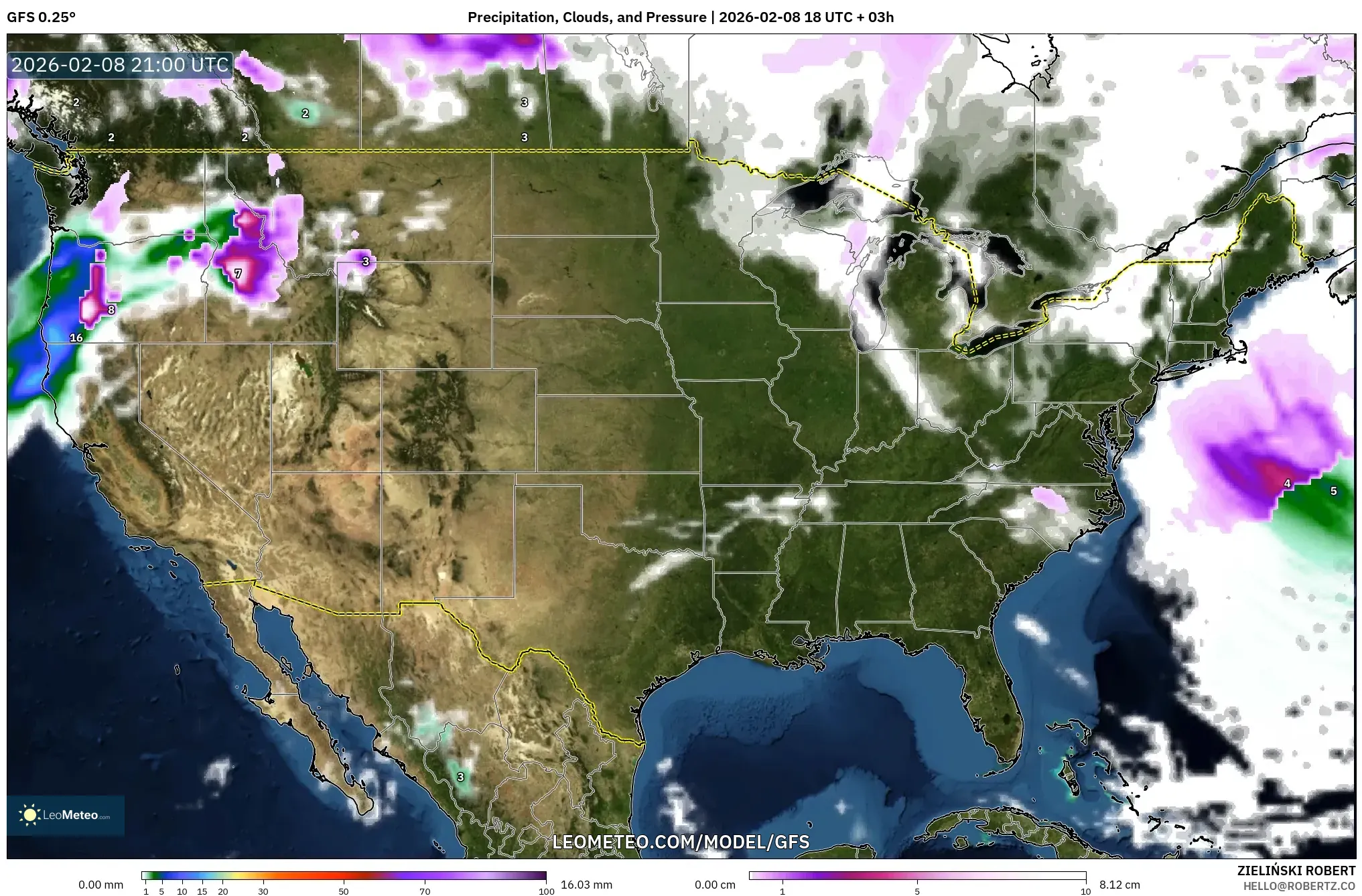 GFS model - Amerika Syarikat, Hujan, Awan dan Tekanan