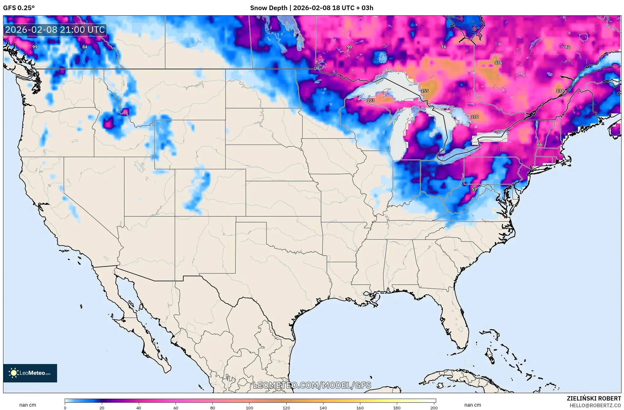 GFS model - United States, Snow Depth