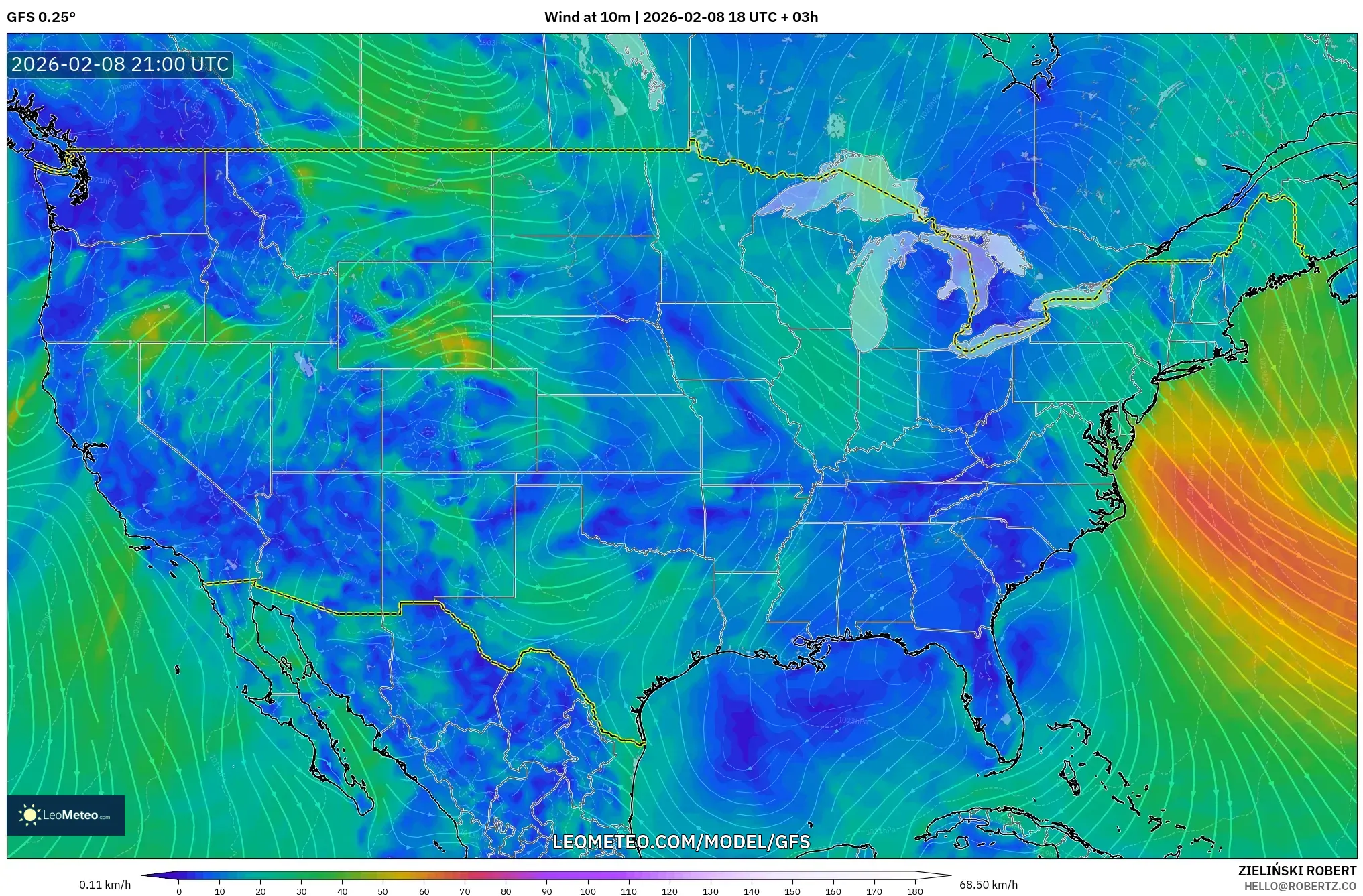 GFS model - United States, Wind at 10m