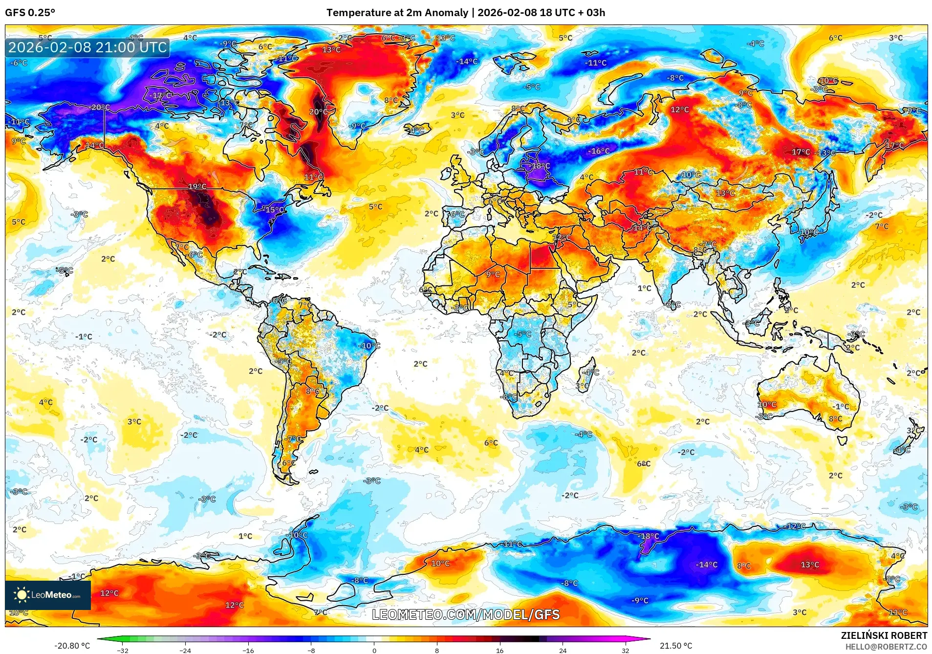 GFS model - World, Temperature at 2m Anomaly