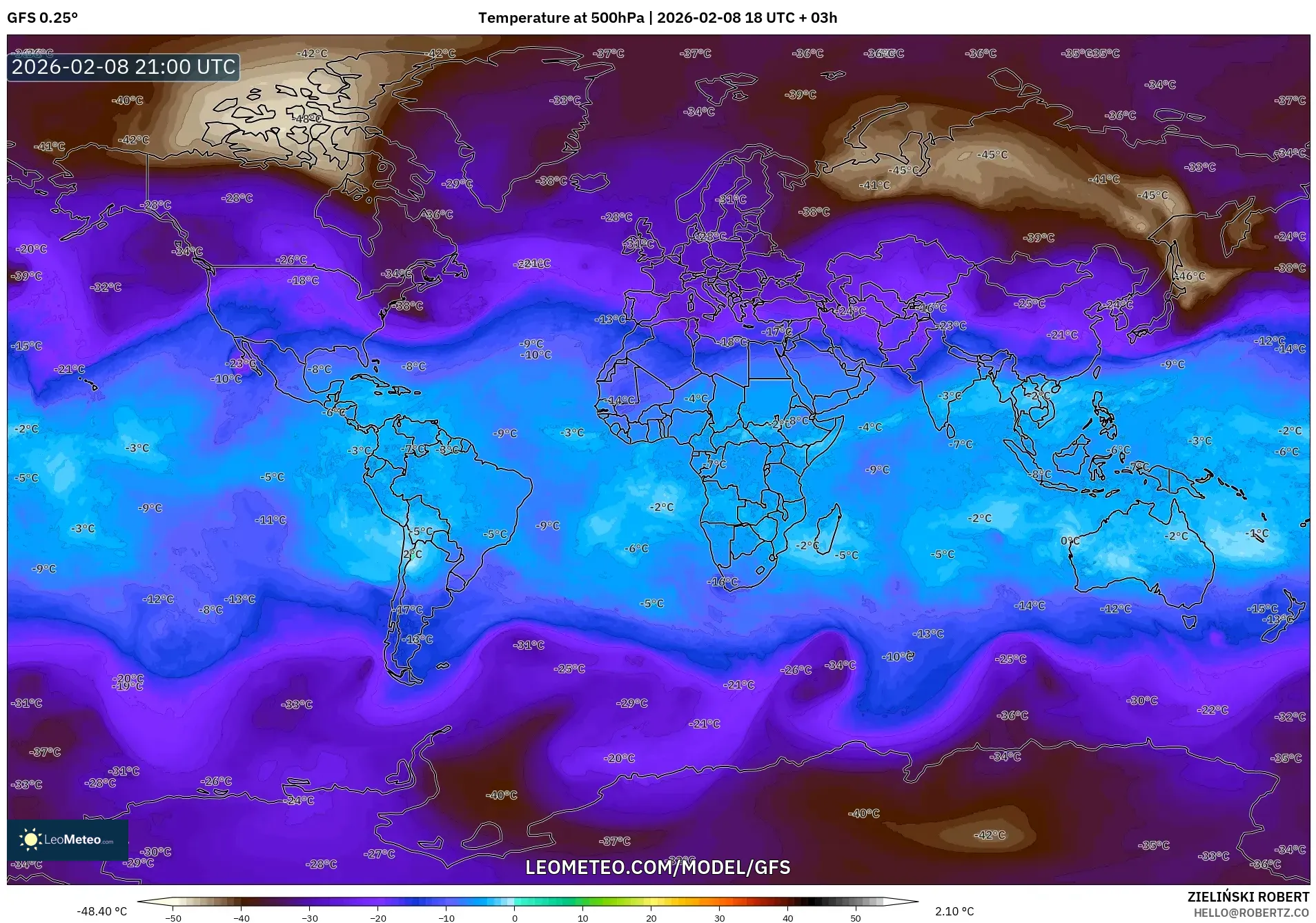 GFS model - Dunia, Suhu 500 hPa