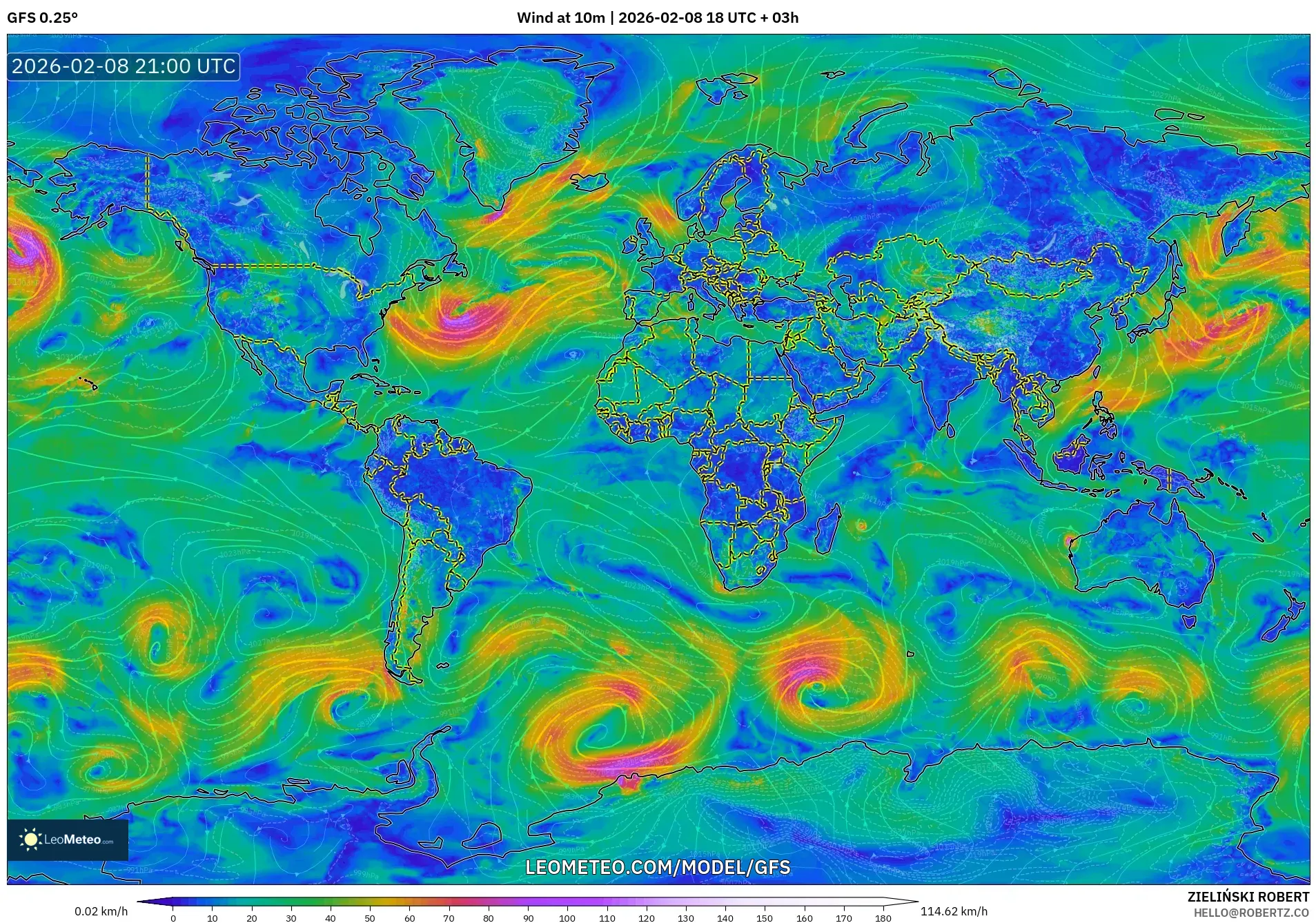 GFS model - World, Wind at 10m