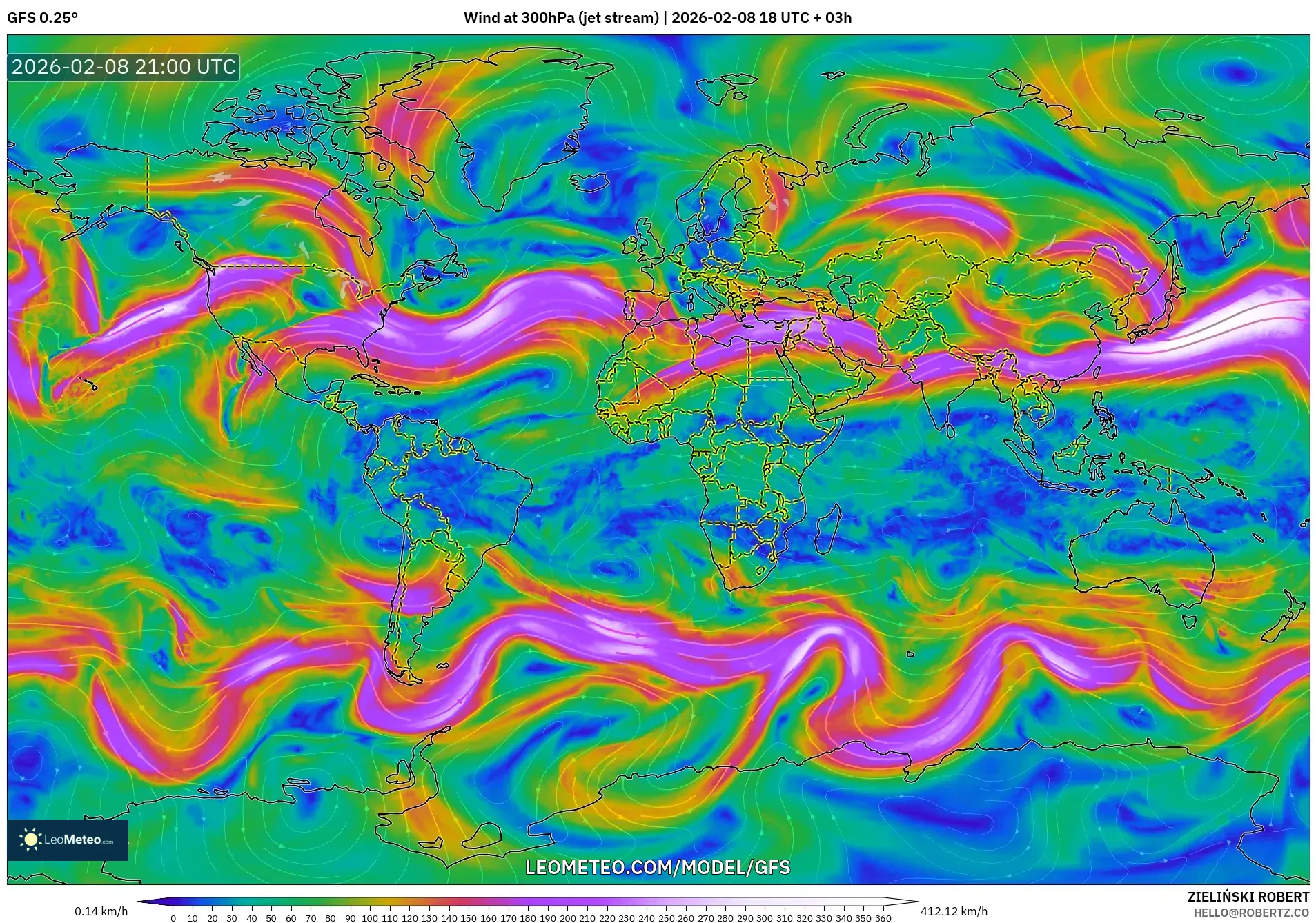 GFS model - World, Wind at 300hPa (jet stream)