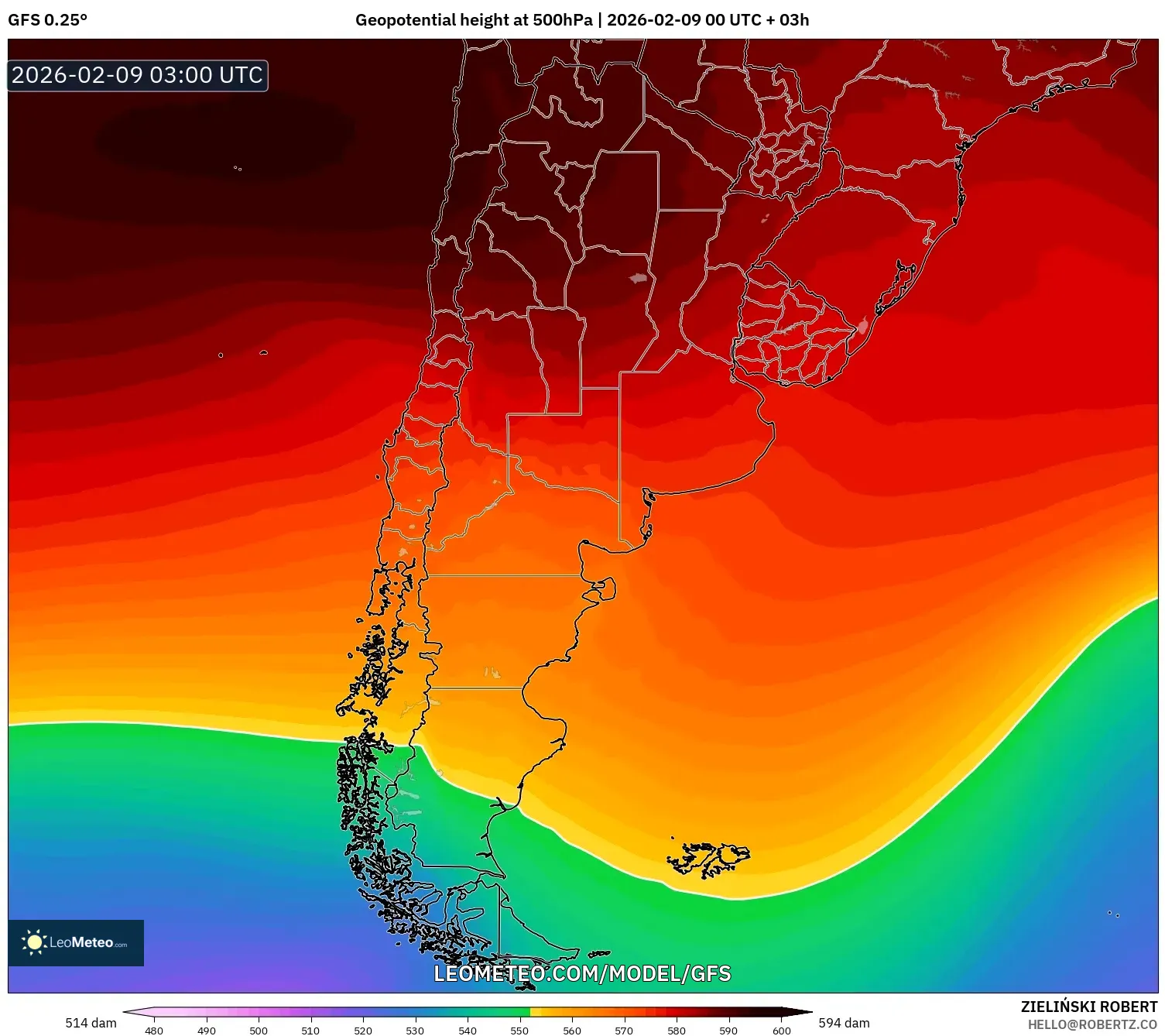 GFS model - Argentina, Ketinggian geopotensial pada 500 hPa